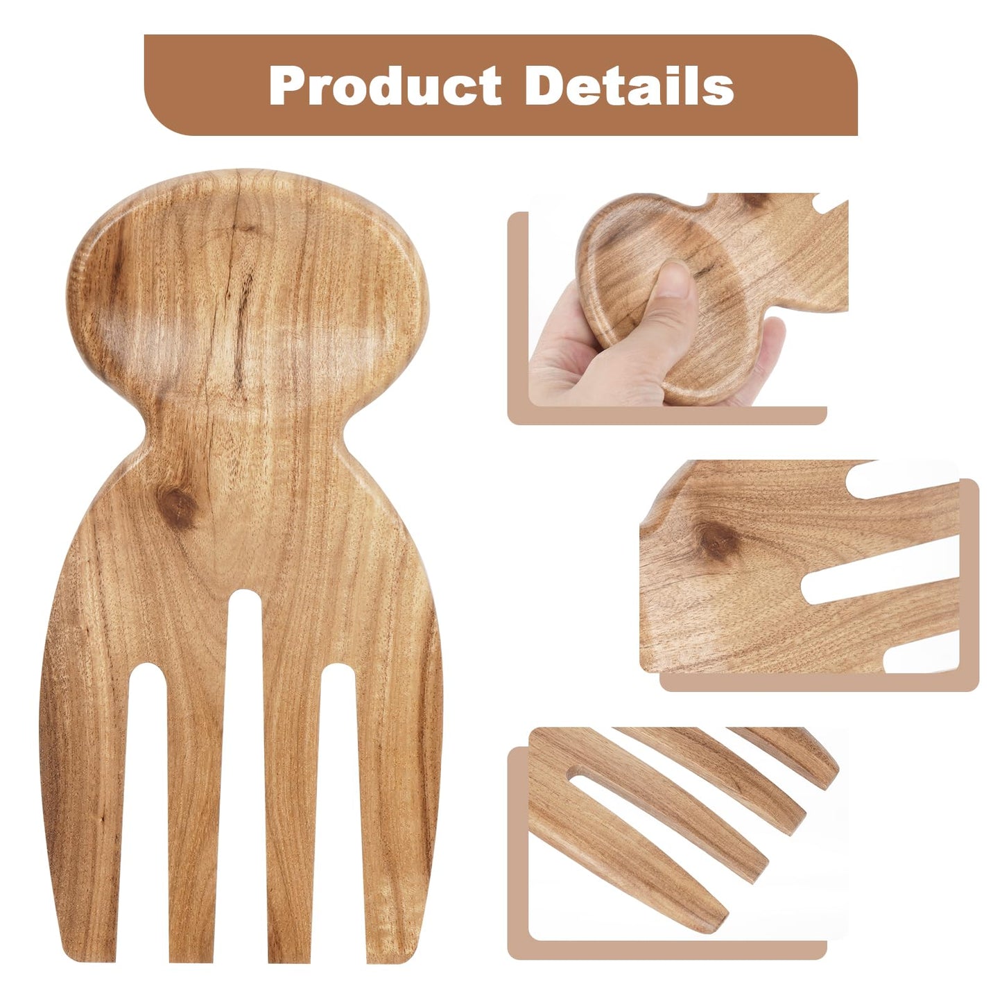 MYRAINBOW Salad Tongs, 2pcs Wood Salad Hands, Acacia Wooden Salad Tongs, Wooden Salad Serving Utensils for Tossing & Serving, 6.69" x 3", Kitchen Salad Servers Set, Ideal Gift for Home, Family,Friends