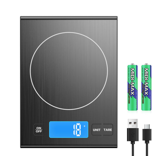 Rechargeable 304 Stainless Steel Kitchen Scale, Diyife 33lb Digital Food Scale with LCD Display, Batteries and Type-C Charging, for Meal Prep, Cooking, Baking (Black)