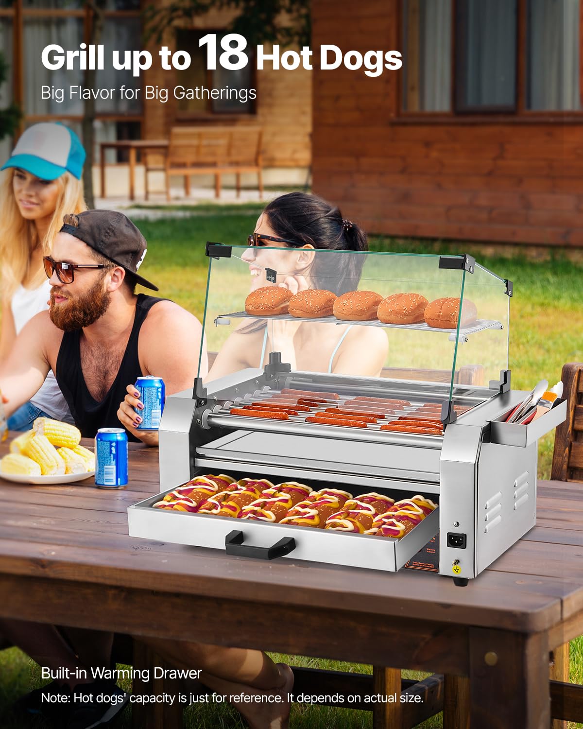 VEVOR Hot Dog Roller, 18 Hot Dog 7 Rollers, Stainless Steel Sausage Grill Cooker, 1200W Hot Dog Machine with Bun Warmer, Cover, 3 Temp Control, Side Storage Box, Oil Drip Tray, for Home & Commercial