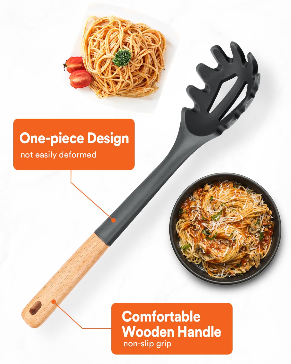Silicone Pasta Fork, Kitchen Heat Resistant Noodle Spoon Server, BPA Free Spaghetti Strainer,12.8 inch (Grey)