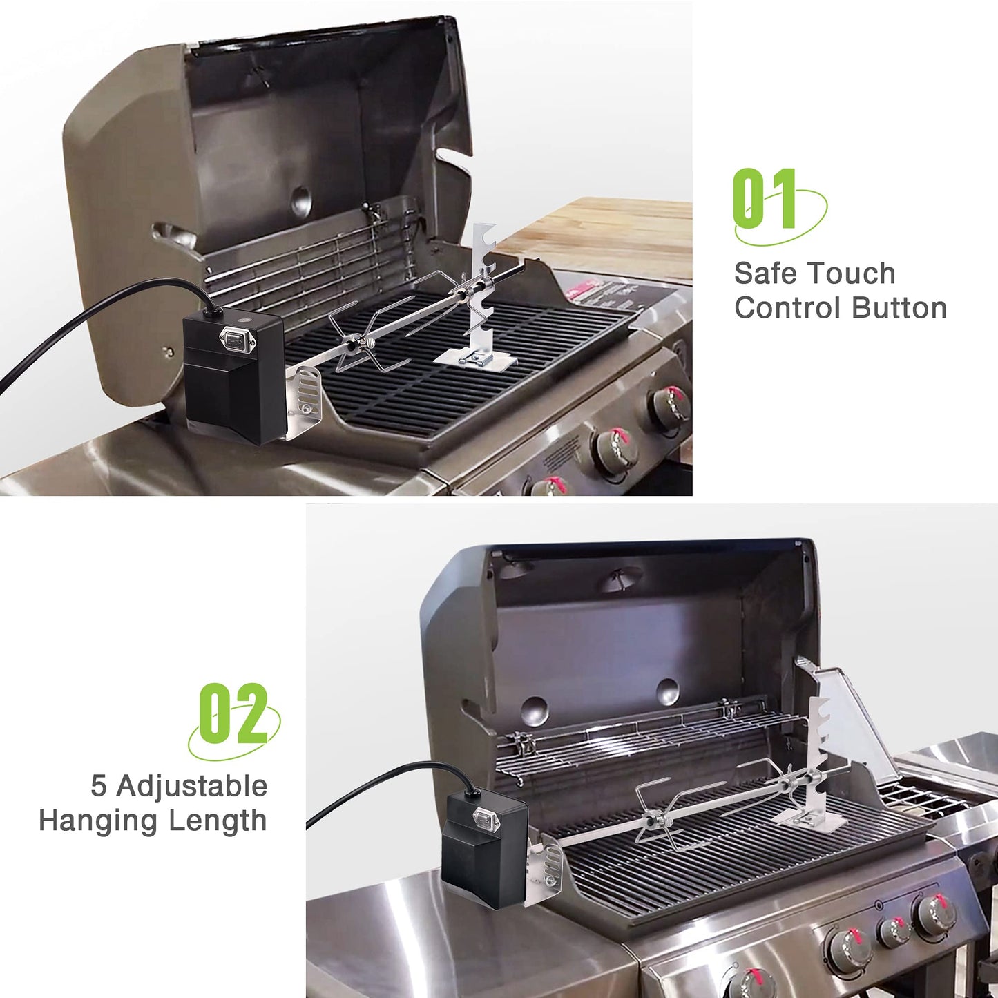 Dreyoo Universal Rotisserie Grill Kit, 360° Automatic Rotating Rotisserie Kit with 120V 4W Motor, 28'' Spit Rod, 2 x 4 Forks, Complete Holders and Fixing Screw for Backyard Camping Grills