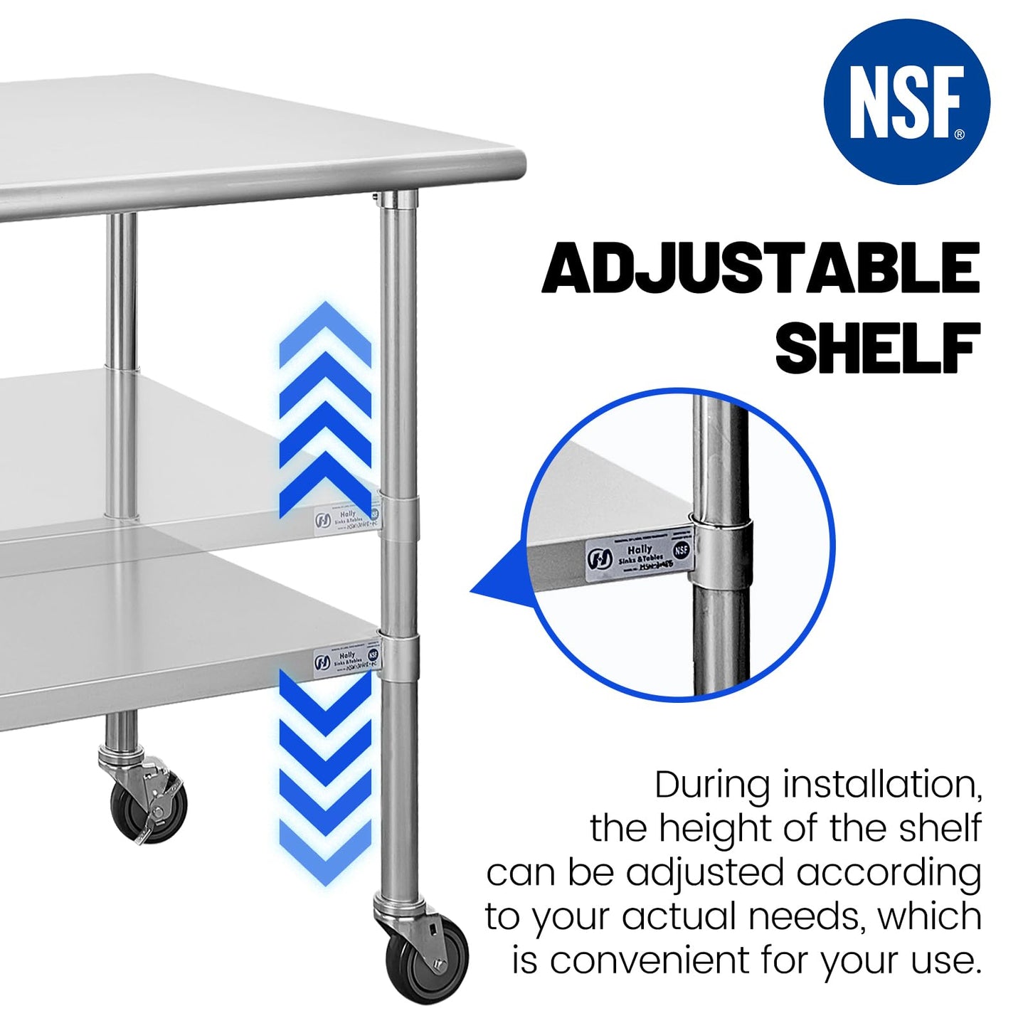 Hally Stainless Steel Table for Prep & Work 30 x 36 Inches with Caster Wheels, NSF Commercial Heavy Duty Table with Undershelf and Galvanized Legs for Restaurant, Home and Hotel