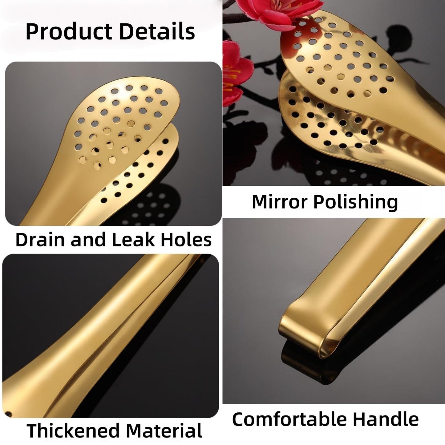 9 Inch Gold Buffet Tongs Set of 4, Stainless Steel Food Serving Utensils Tong for Cooking, Salad, Barbecue, Buffet, Toast
