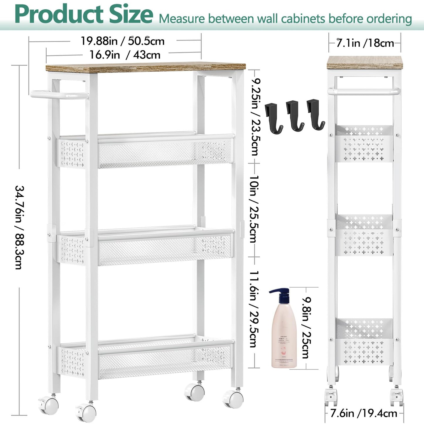 Vivihomety Utility Slim Storage Cart, 4 Tier Small Rolling Kitchen Laundry Room Cart with Wood Top, Metal Bathroom Storage Cabinet Mobile Shelf Unit Organizer Trolley with Handle for Narrow Space