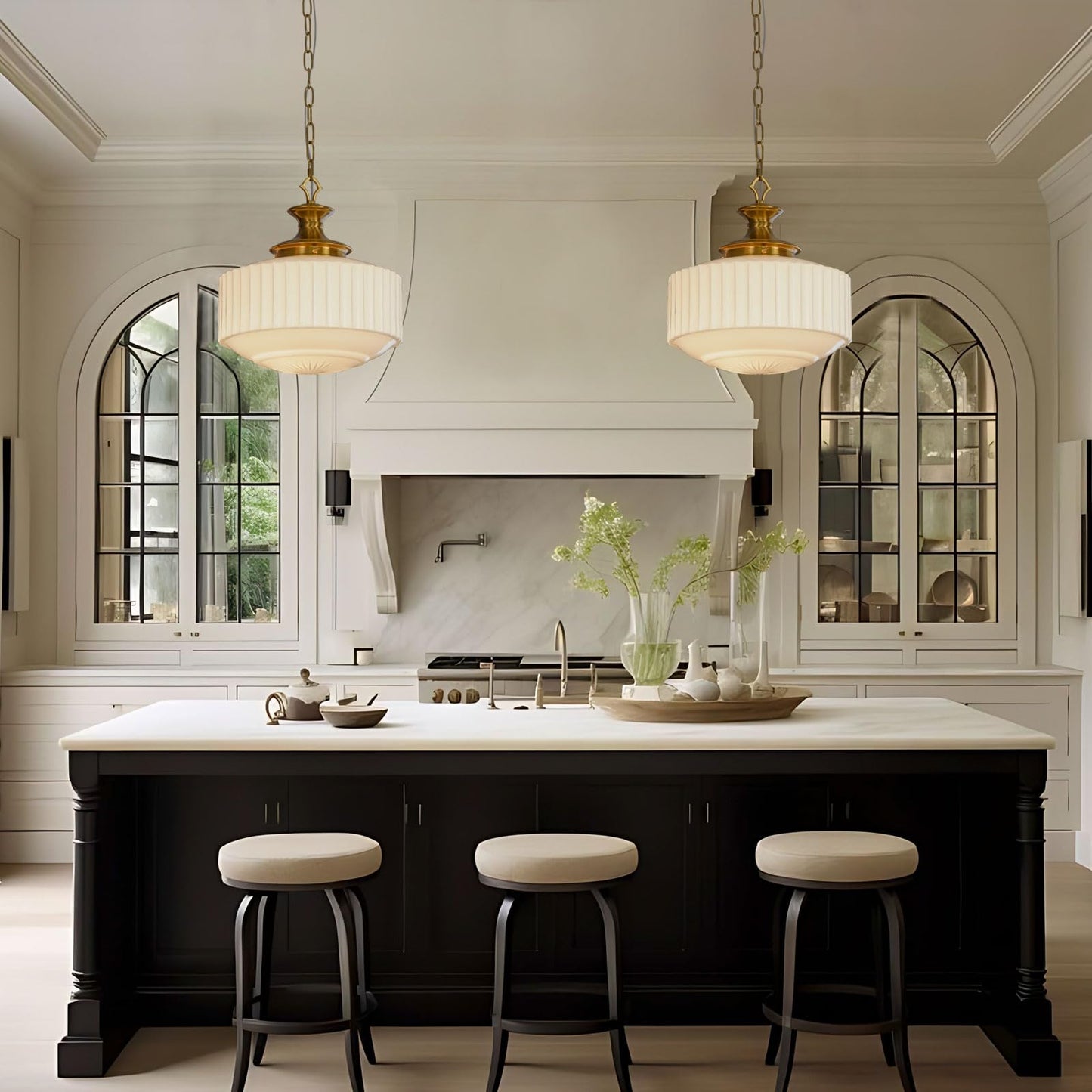 Vintage Brass Milk Glass Pendant Light Fixture, 13.8" White Pleated Glass Chandelier, Antique Pendant Lights, for Kitchen Island Lighting, Hallway, Bedroom, Dining Room, Foyer, E26 Bulb Included