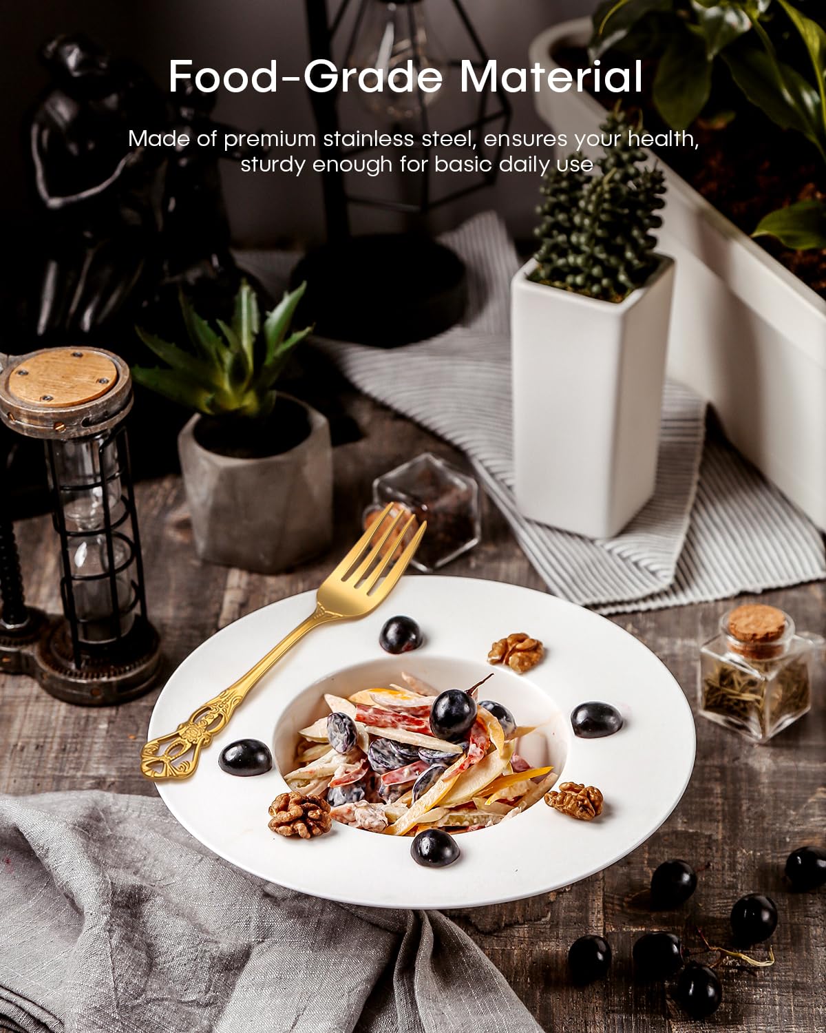 Gold Silverware Set, Ollex 48-Piece Retro Royal Flatware Set for 8 with Anti-rust Silverware Steel Black Steak Knives and Gold Spoons Forks Utensil Set, Mirror Polished&Dishwasher safe