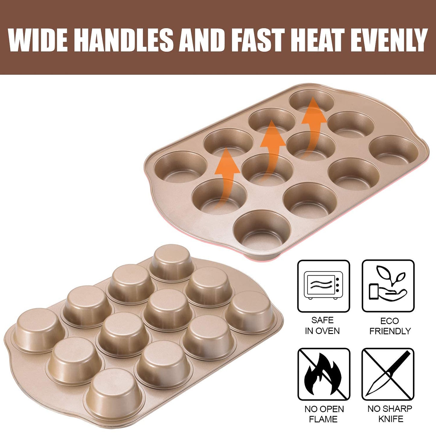 JOHO BAKING Nonstick Muffin & Cupcake Pan Set (2 Pack) - 12 Cup Regular + 24 Cup Mini Muffin Tins | Heavy Duty Gold Carbon Steel, Rust-Resistant, Easy Release