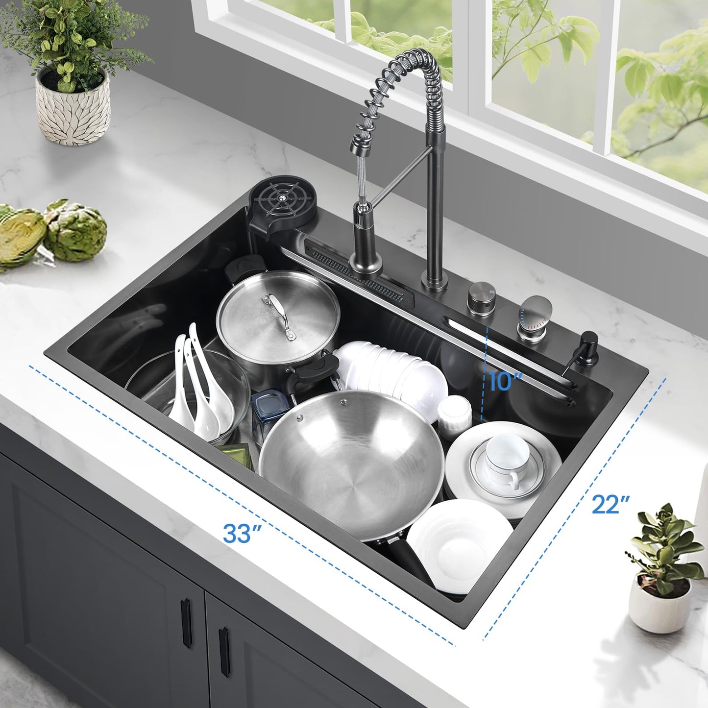 Kunoqi 33x22 Inch Kitchen Sink with Waterfall Faucet Combo, Nano PVD Black 16 Gauge Stainless Steel Workstation, Scratch Resistant Single Bowl Drop-In Sink, Multifunctional Handmade Design