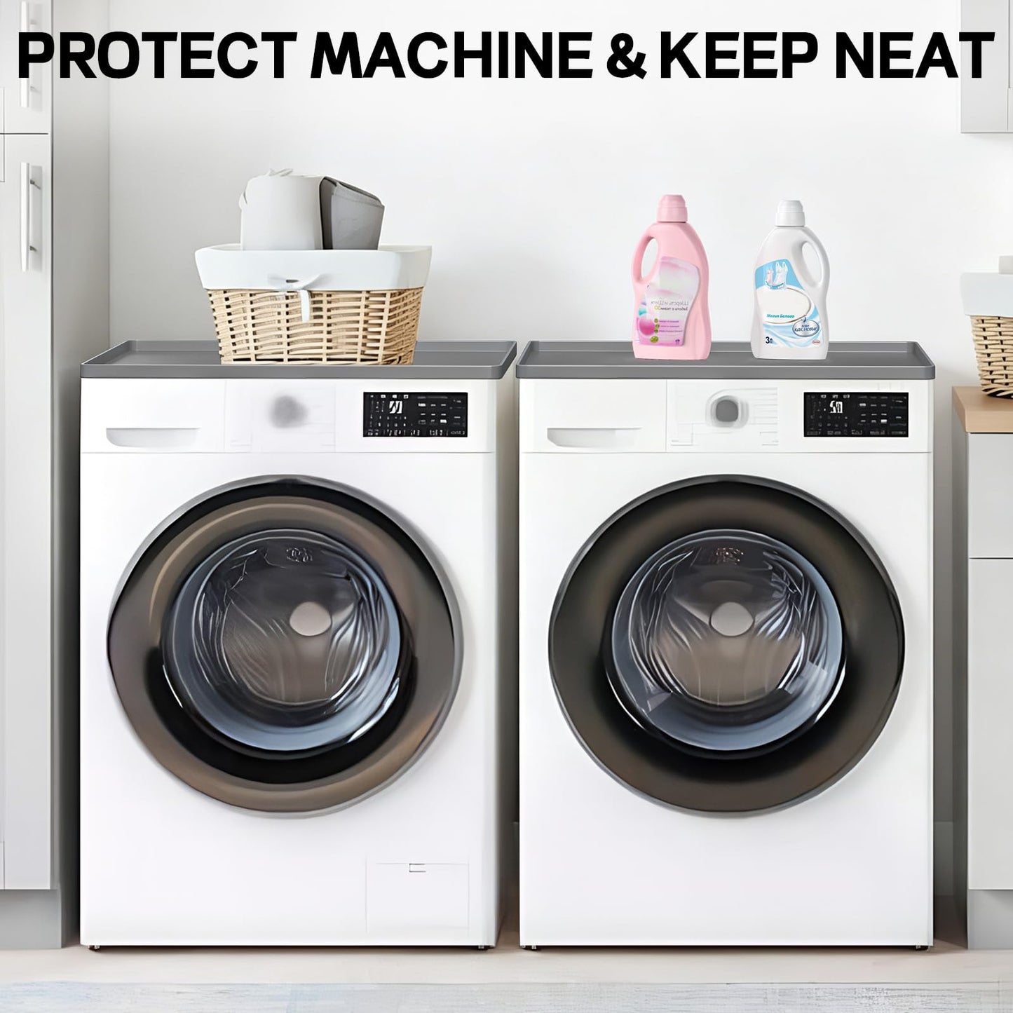 NAMTSO 2 Pack Washer and Dryer Covers Rubber Mat - 27x27 Inch Soft Silicone Tray, Front Load Washer Dryer Topper for Laundry Room, Waterproof Cat Litter Mat, Non-Slip Shoe Mat for Home, Gray
