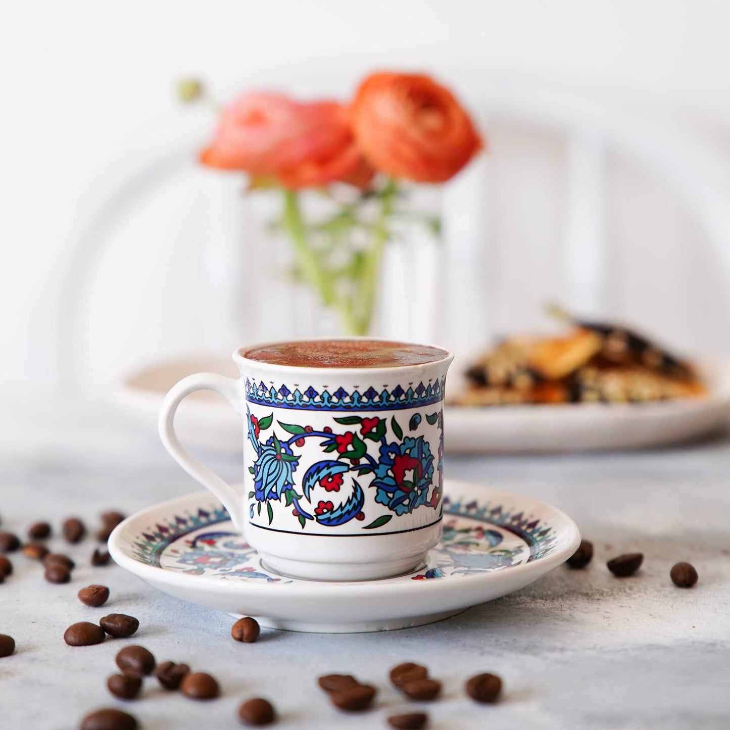 SANTA MARLA Turkish Coffee Cup Set of 6 with Saucers & Holder – Ceramic, Dishwasher-Safe, Keeps Warm – Patterned Turkish Espresso Cups Set for Home & Office (Set Of 6)