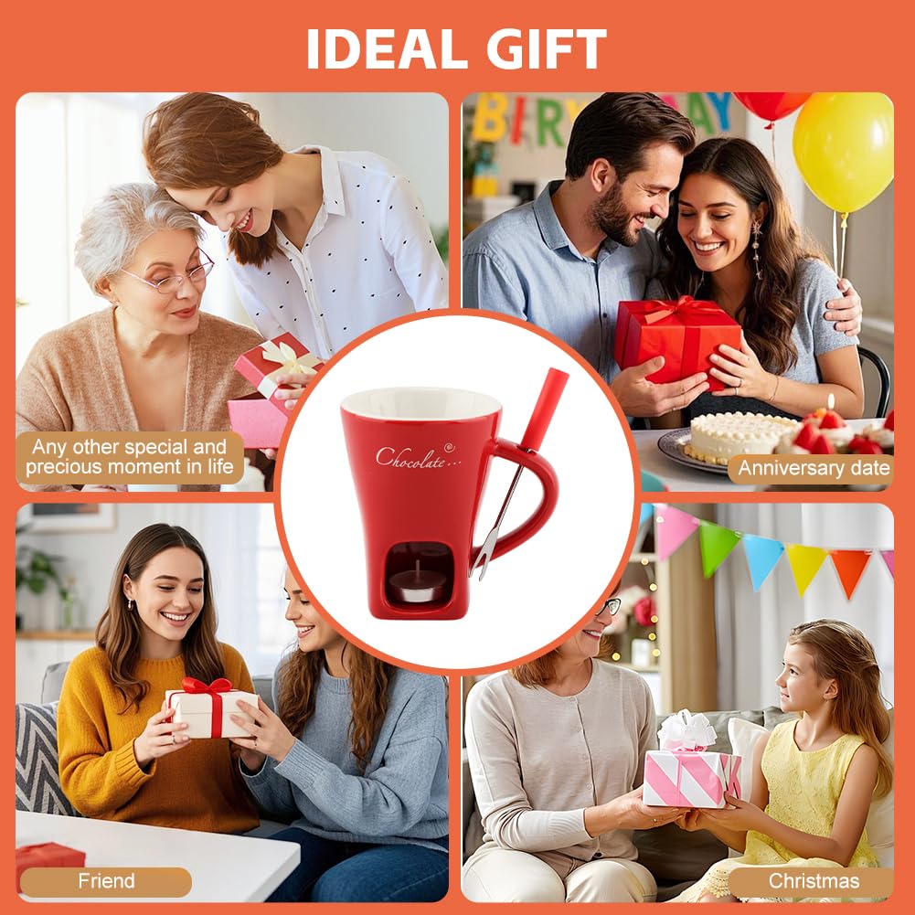Chocolate Fondue Cup,Chocolate Fondue Mug with Fork and Candle,Ceramic Chocolate Melting Cup for Birthday Date Night Birthday Wedding Gifts (11.5 * 5.5 * 8.5cm,COLOR:Red)
