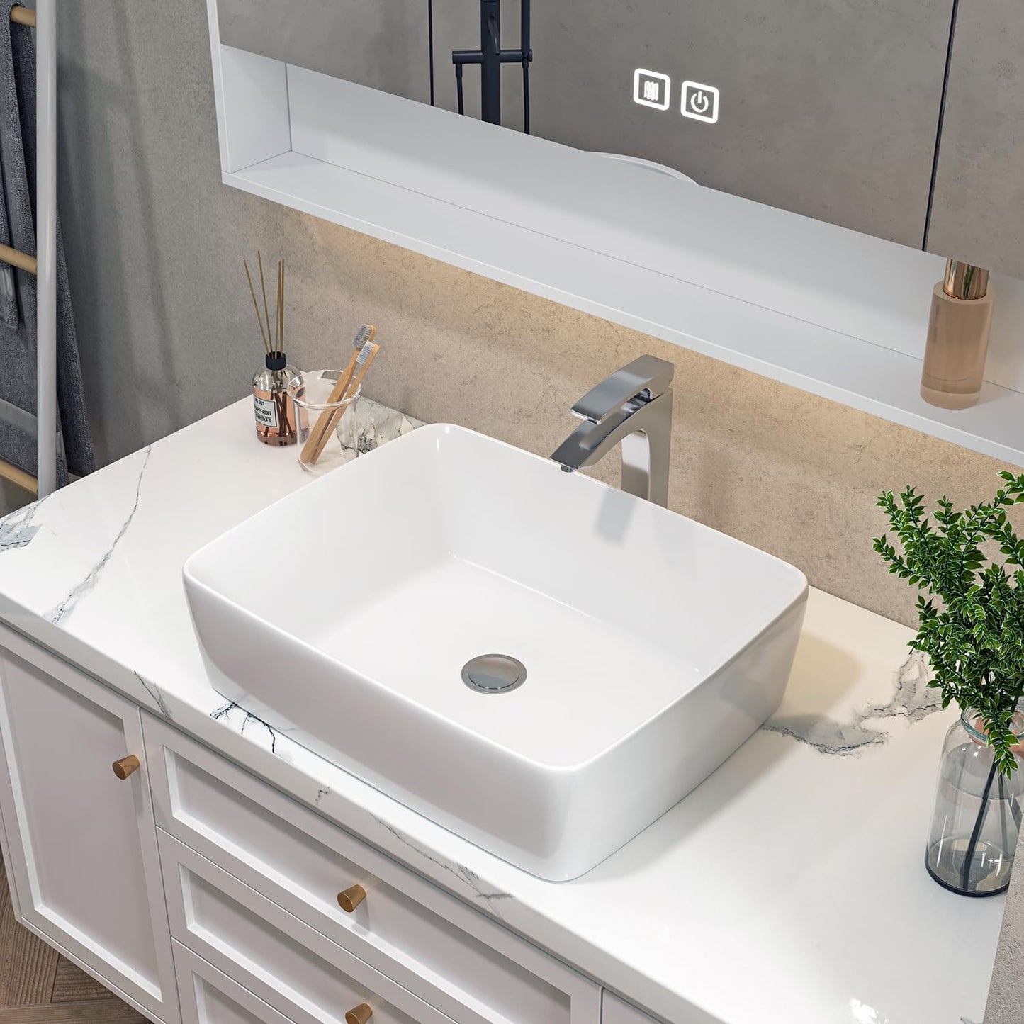 Sinber BVS1915A-OL 19" x 15" x 5.31" White Rectangular Ceramic Countertop Bathroom Vanity Vessel Sink