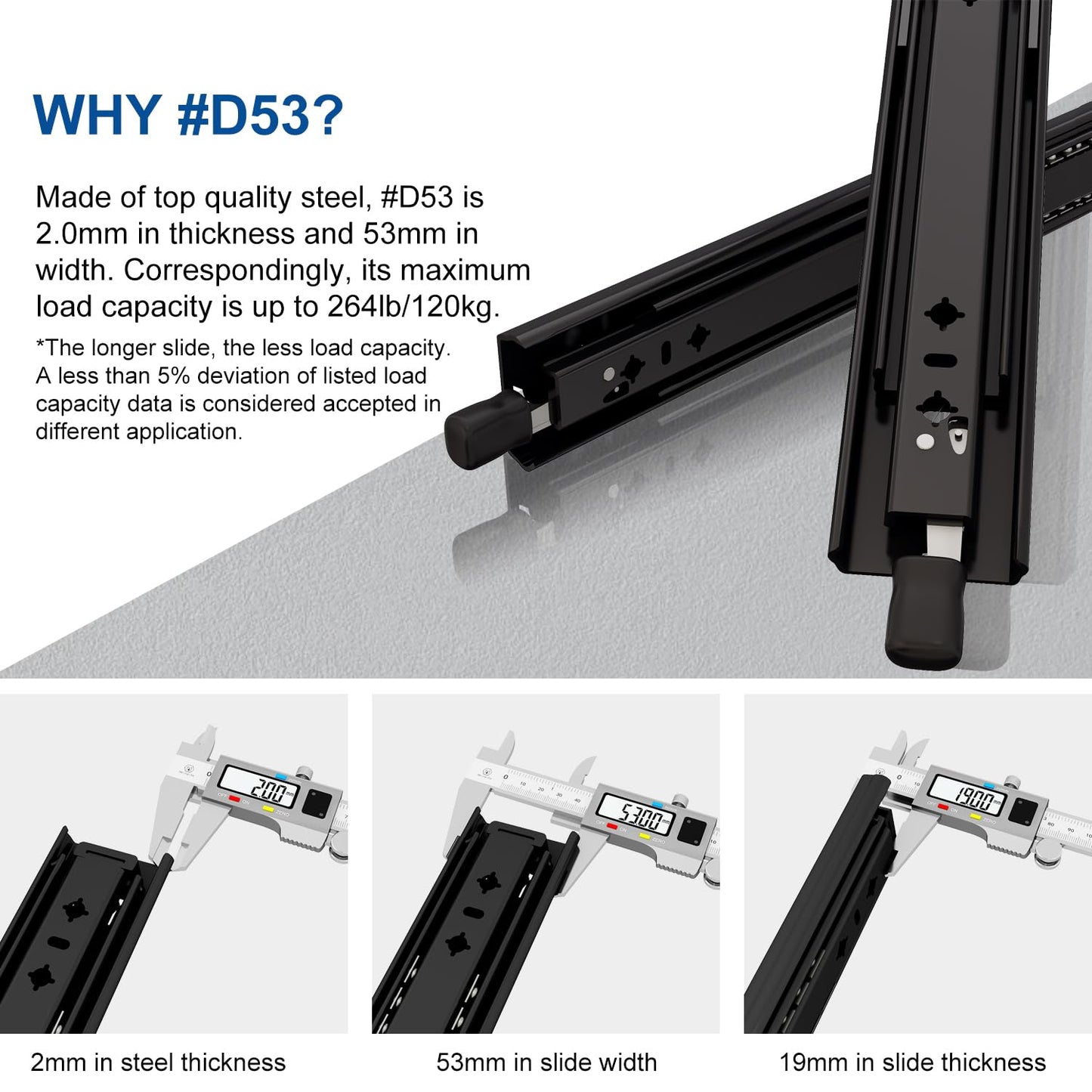 VADANIA 12" Black Heavy Duty Drawer Slide with Lock #D53, Black-electroplated Cold-Rolled Steel, Detachable 3-Fold Full Extension, Ball Bearing Lock-in & Lock-Out, Side Mount, 1-Pair