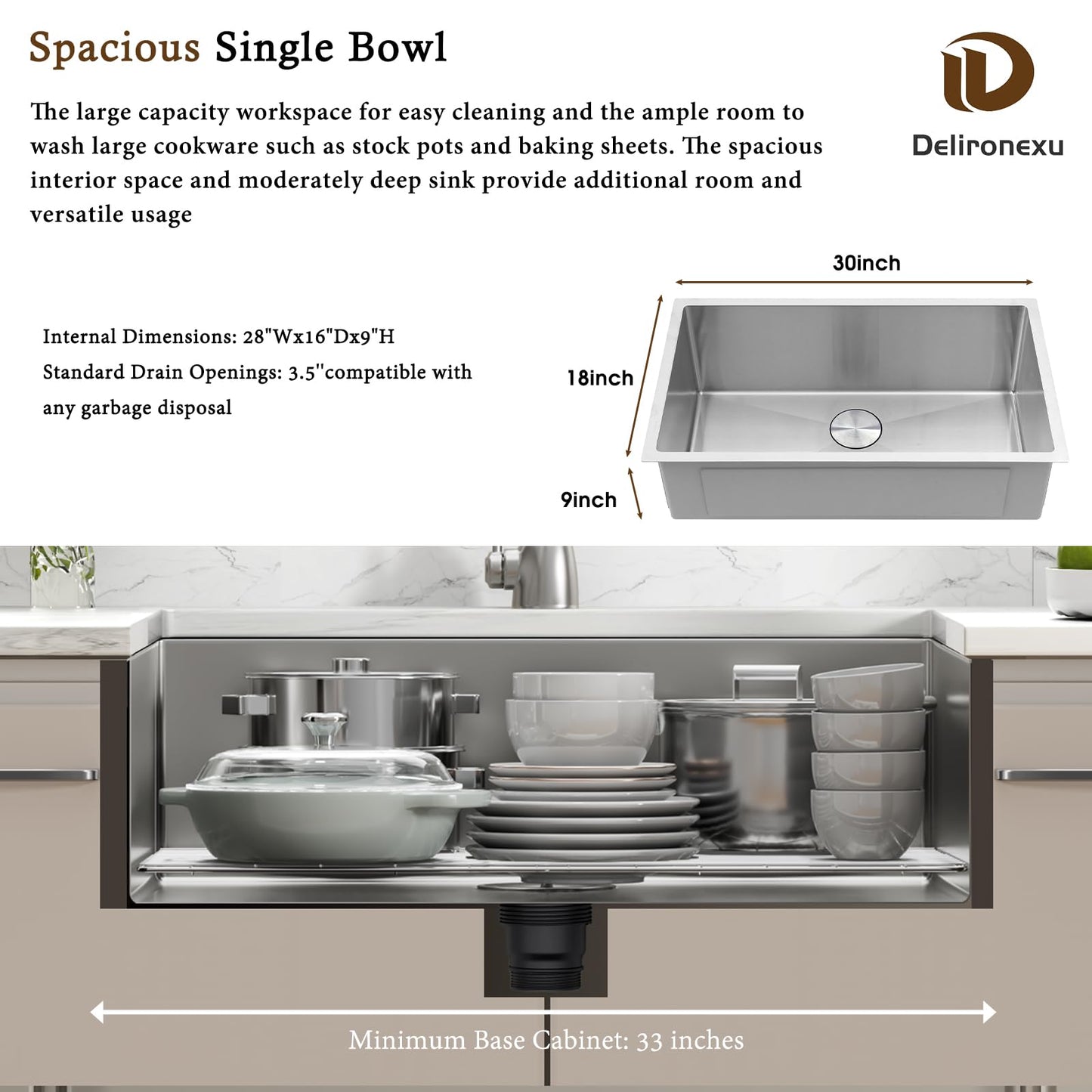 30 Inch Undermount Kitchen Sink - Delironexu 16G Stainless Steel Undermount Sink, 30''x18'' Deep Single Bowl Kitchen Sinks with 4 Accessories