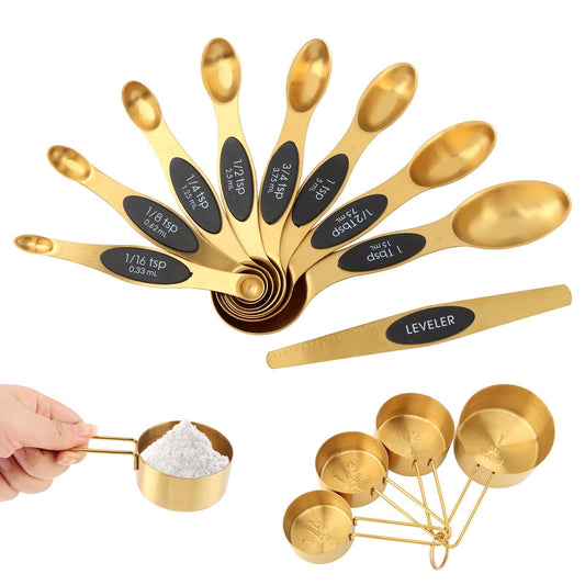 13Pcs Magnetic Measuring Spoons Set,Stainless Steel Measurin g Cups,8 Dual Sided Magnetic Measuring Spoons with Leveler,4 Nesting Measurings Cups for Liquid and Dry Ingredients(Golden,Size:Multi size)