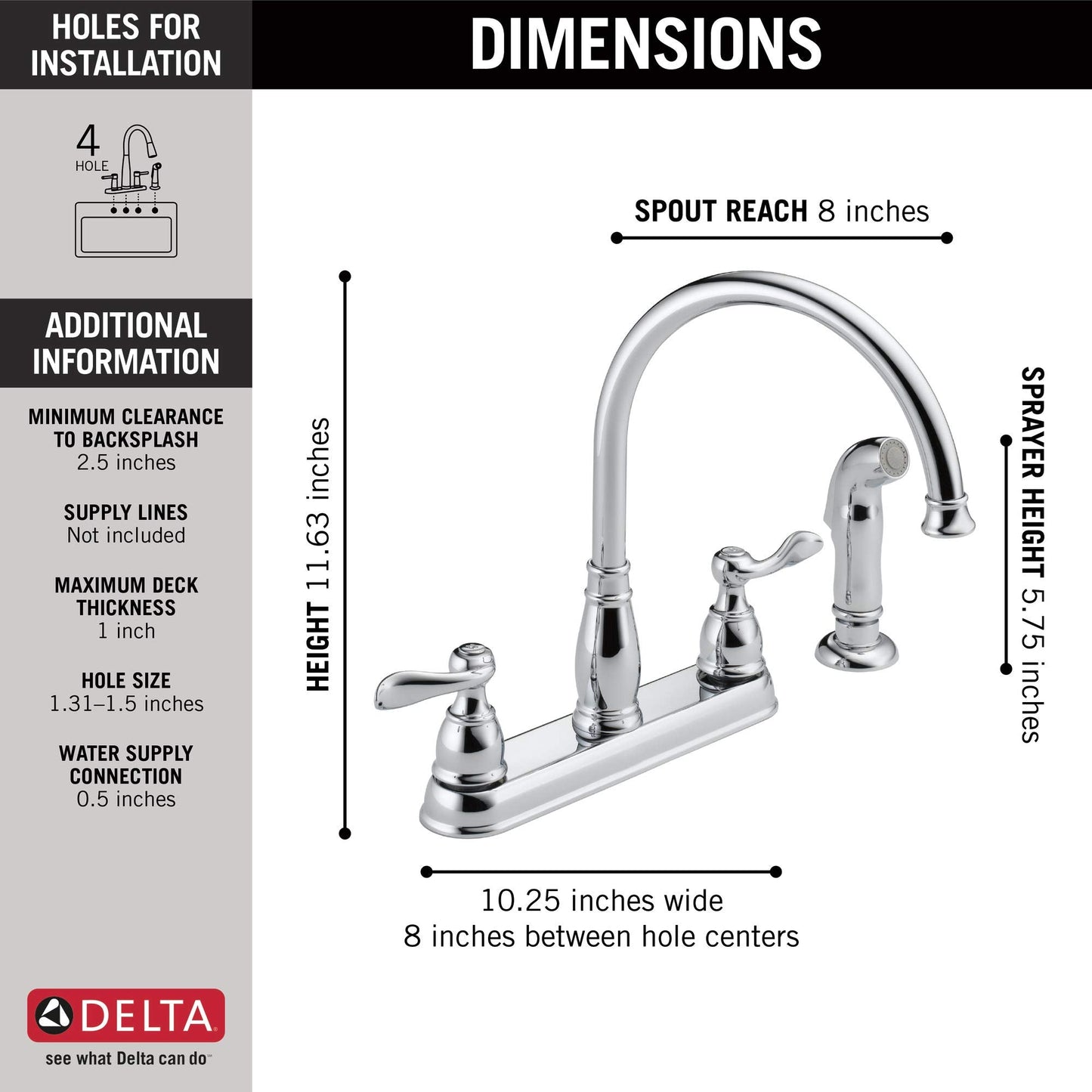 Delta Windemere Chrome Kitchen Faucet with Side Sprayer, Traditional 4 Hole Kitchen Sink Faucet, Two-Handle, Chrome 21996LF