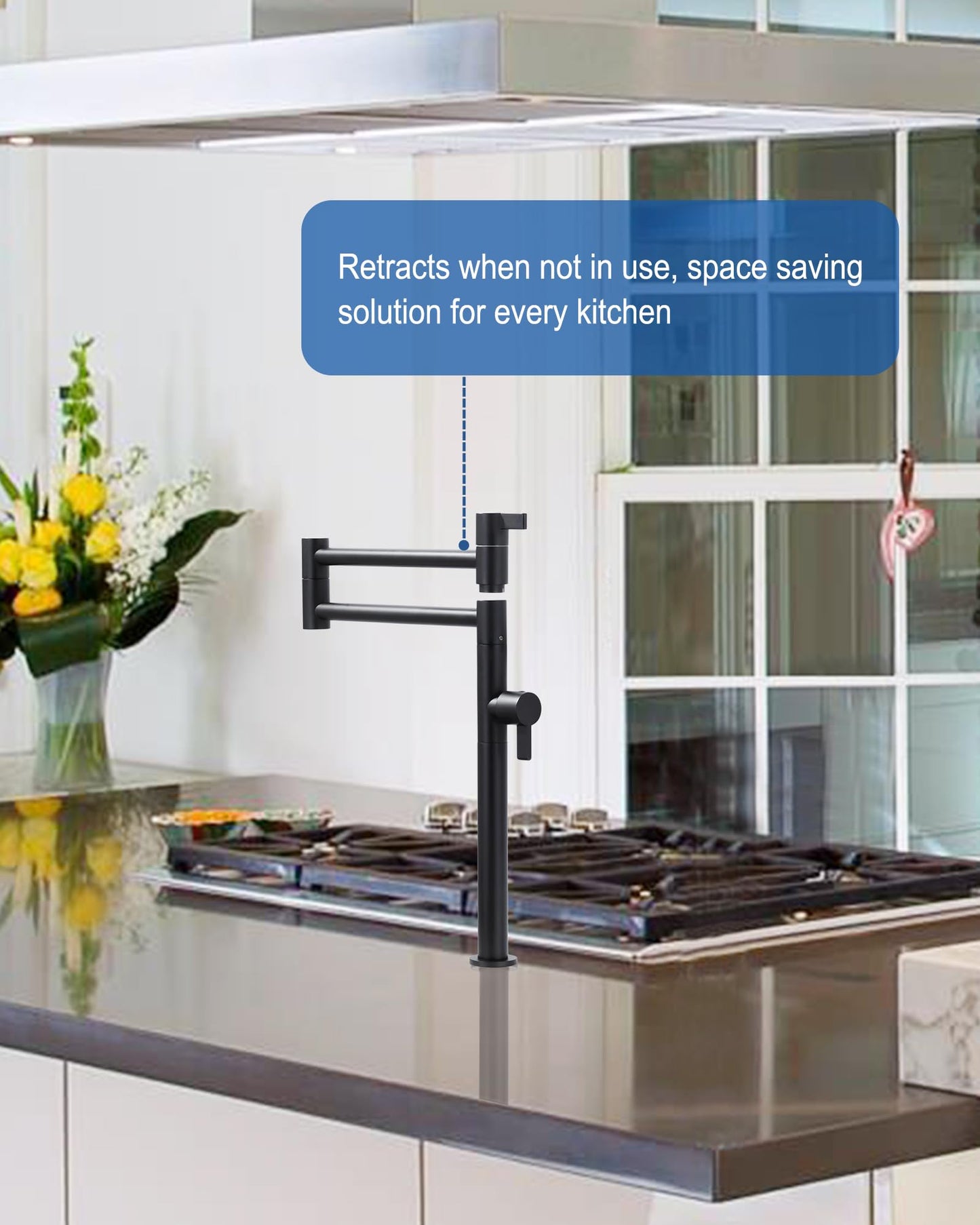 Deck Mount Pot Filler Faucet, ARCORA Solid Brass Pot Filler Matte Black Kitchen Folding Faucet with Stretchable Double Joint Swing Arm