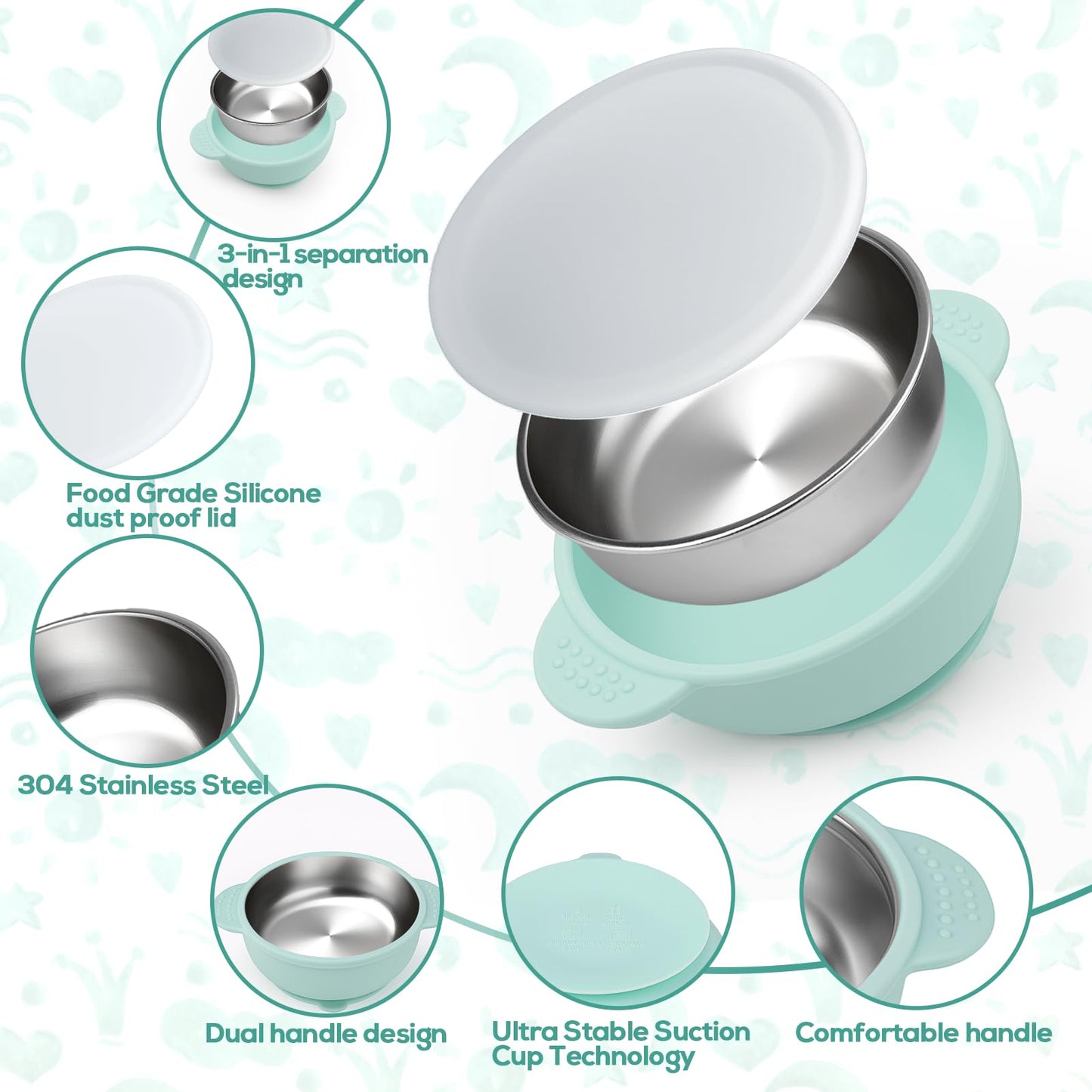 Mity rain Stainless Steel & Silicone Toddler Plates and Bowls Set with Suction,10-Piece Suction Plates & Bowls for Toddler,Removable Shell,Silicones Baby Plates for Independent Eating.