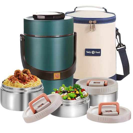 Gicklov 67 oz Adults Stainless Steel Vacuum Insulated Wide Mouth Soup Food Thermo Hot Food Jar with Keep Thermal Portable 3 Tier Stackable Bento Hot Food Containers Lunch Boxes (67 oz Green)