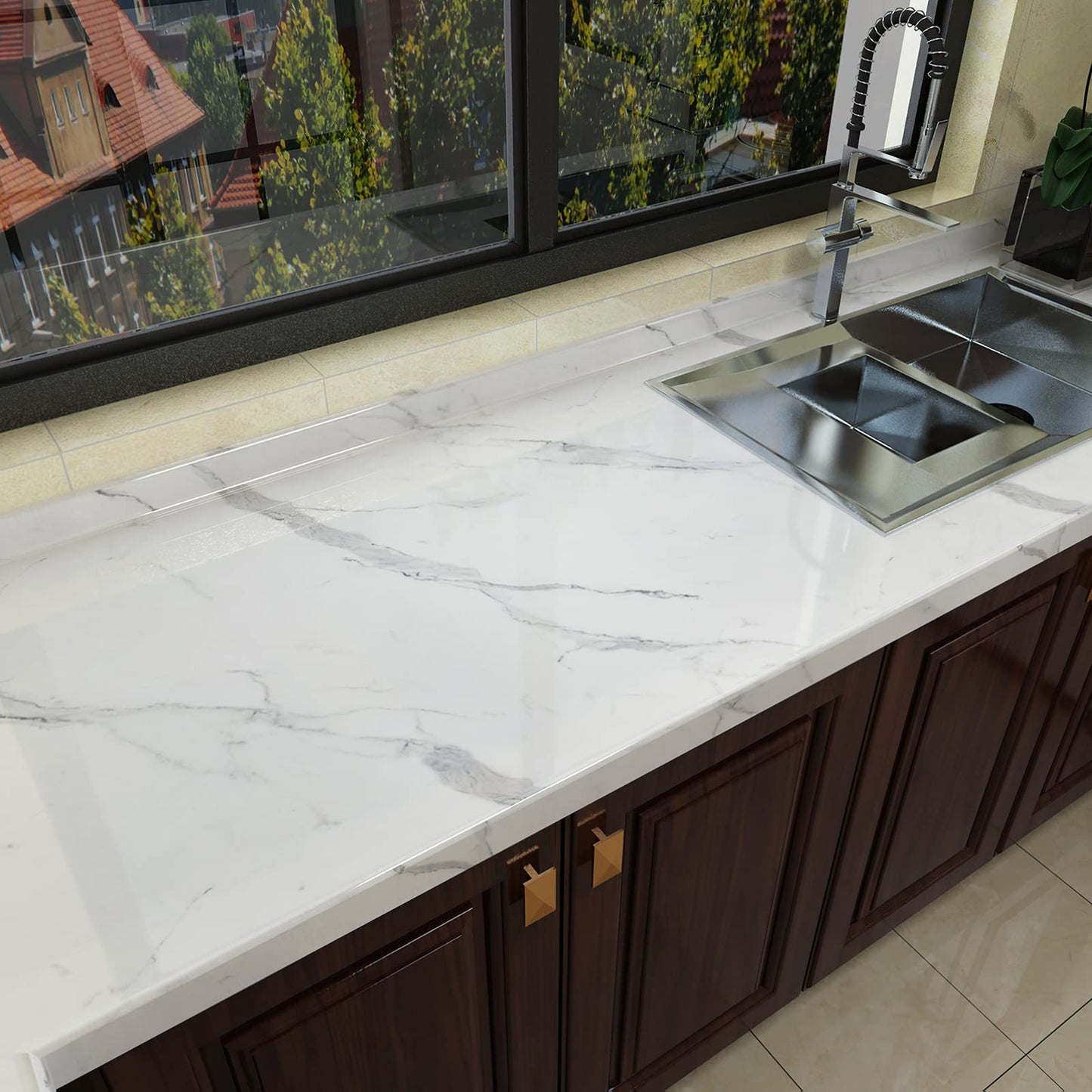 HOLOMEY Marble Contact Paper for Countertops Cabinets Waterproof 31x157 inch Glossy Marble Peel and Stick Wallpaper Self-Adhesive Counter Top Vinyl Wrap Removable Marble Wallpaper for Kitchen Bathroom