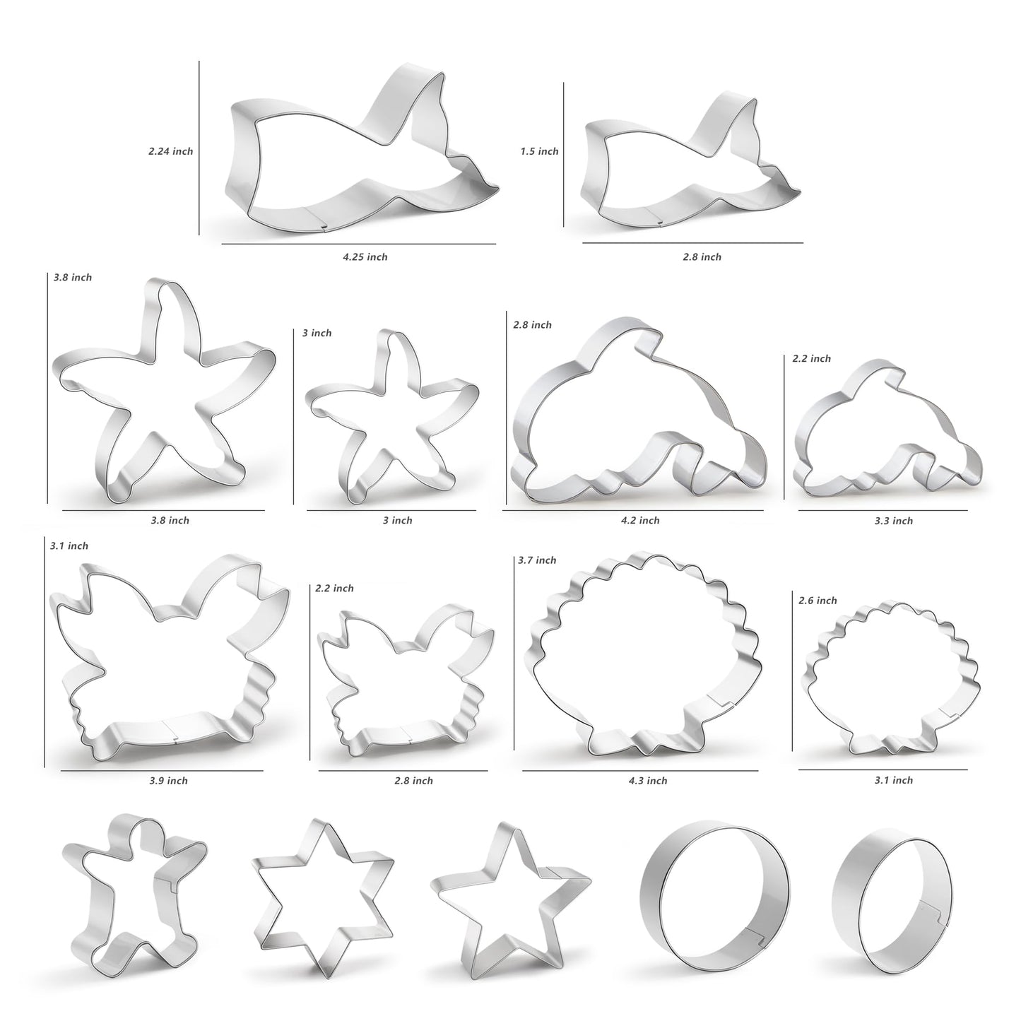 Under The Sea Cookie Cutters 15-Pc. Set, Mermaid Tail, Starfish, Seashell, Dolphin, Crab and More, Large Fun Shapes Biscuit Fondant Cutters, Stainless Steel Sandwich Biscuit Cutter Mold for DIY Baking