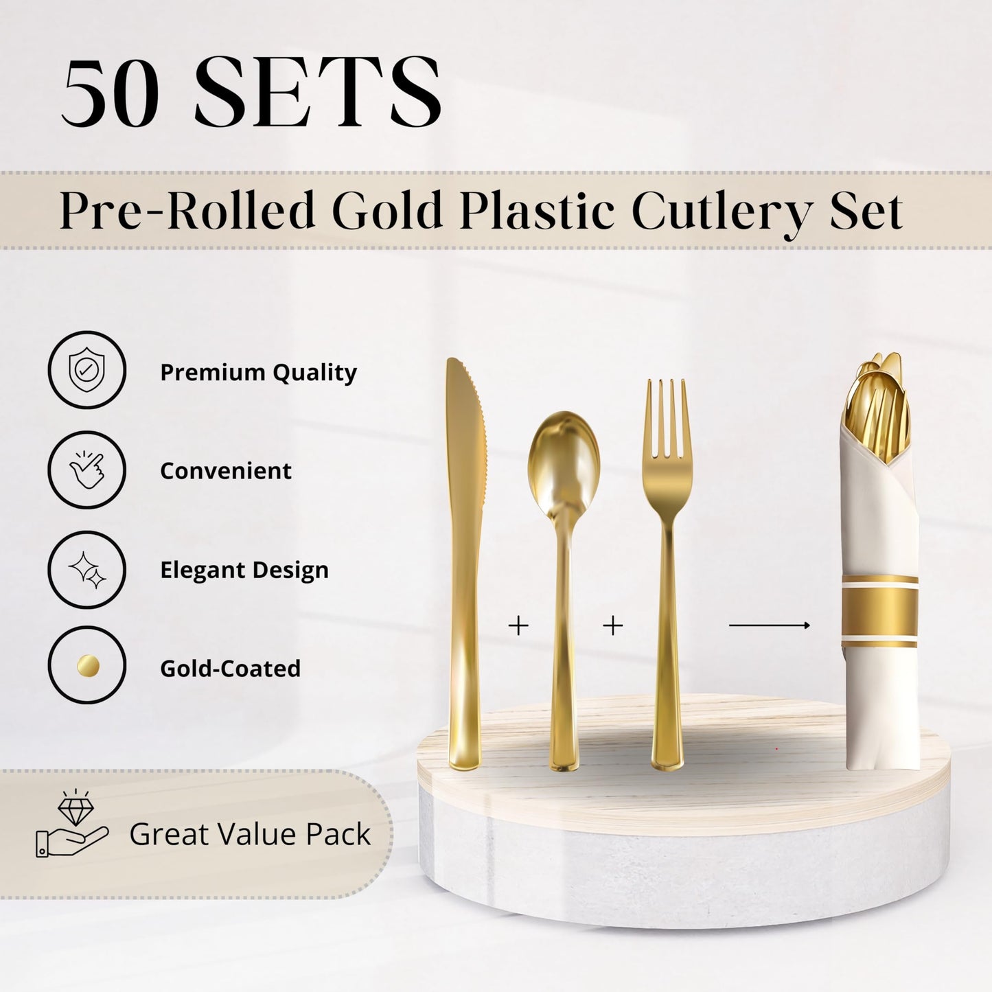 Neatiffy 50 Pack Gold Plastic Silverware Set, Pre Rolled Napkin and Cutlery Set with 50 Forks, 50 Knives, 50 Spoons, 50 Napkins, Utensils, Silverware for Parties, Weddings and Birthdays