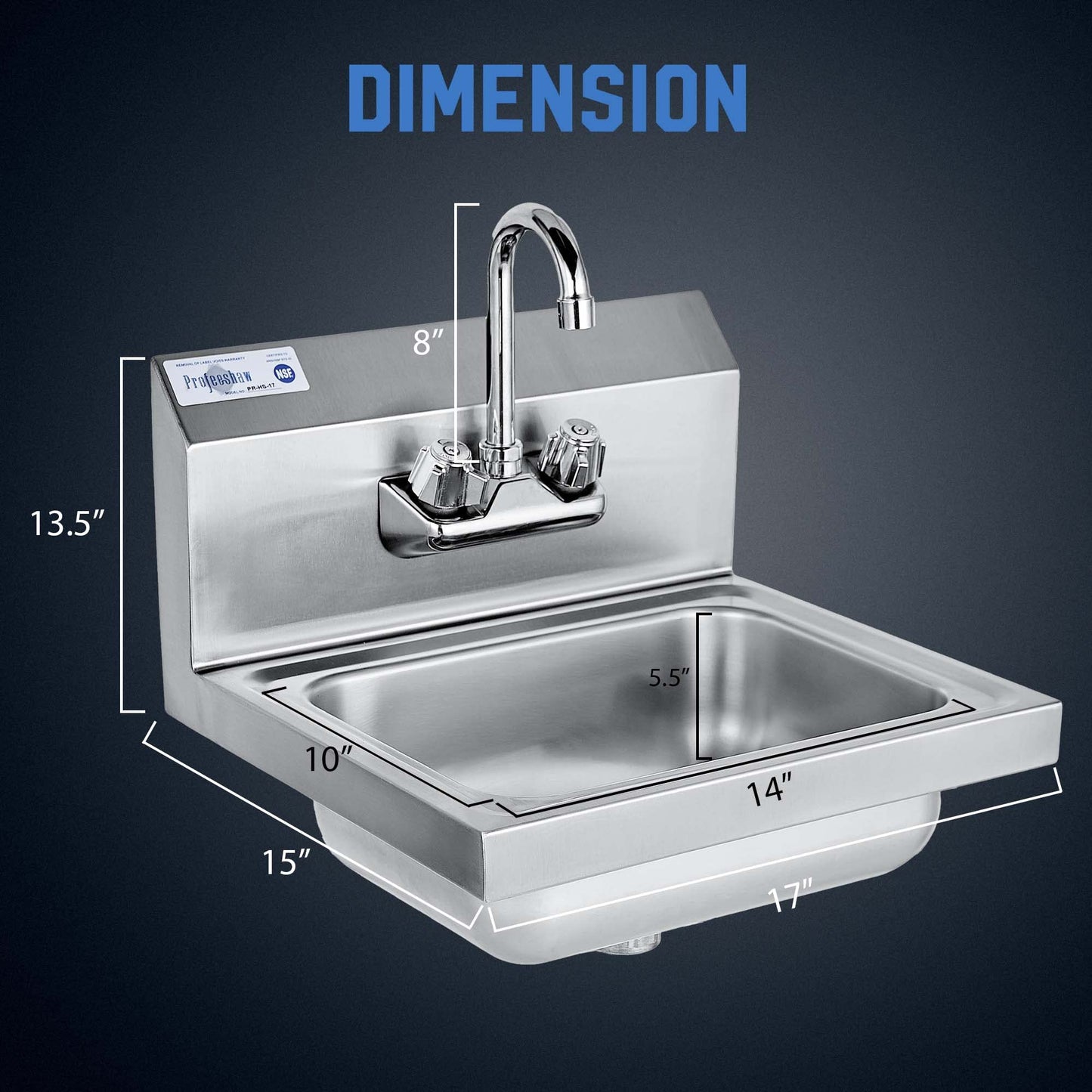 Profeeshaw Commercial Hand Sink, Wall Mount Utility Sink, 304 Stainless Steel Wash Basin with Gooseneck Faucet, Drain Basket and Backsplash for Restaurant, Bar and Home, 17 x 15 Inch