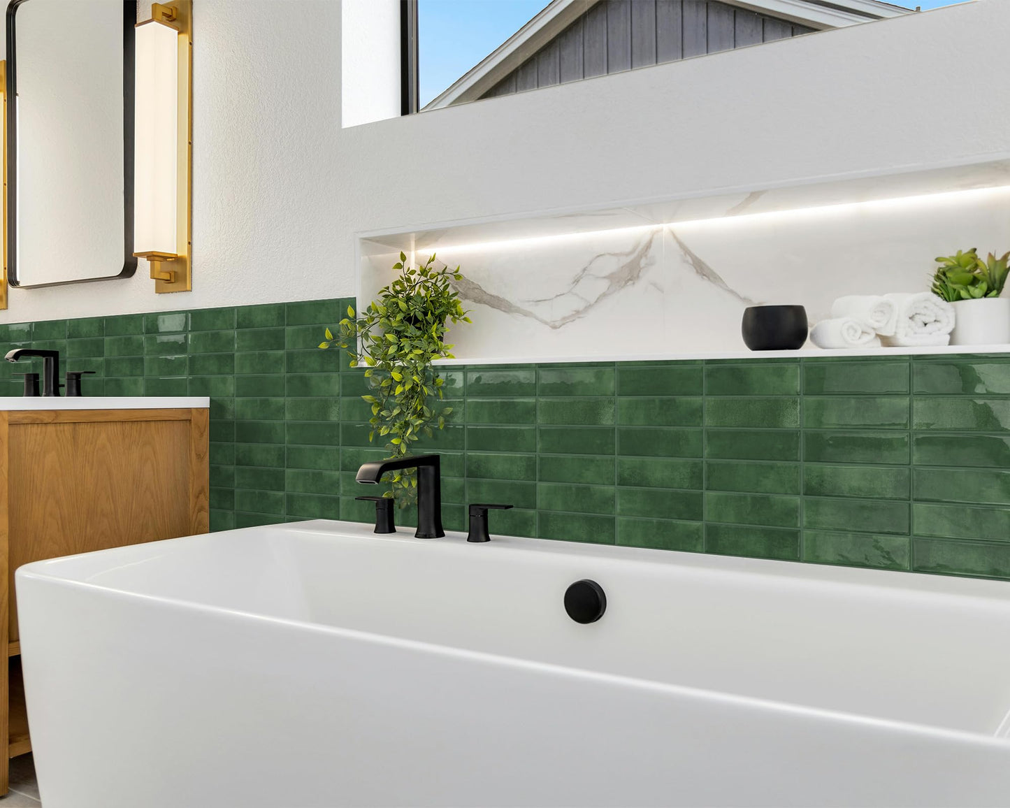 DEWOO Peel and Stick Subway Backsplash Green Kitchen Bathroom Rectangle Self Adhesive Wall Tile Brick (10-Sheet, 12"×12")