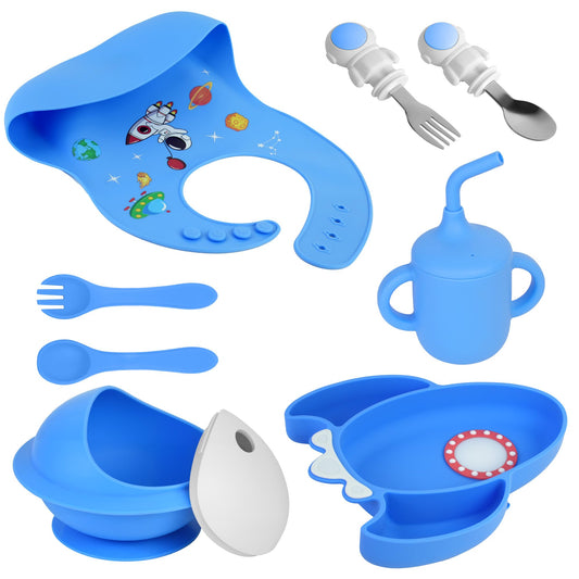8 PCS Silicone Baby Feeding Set, Astronaut Theme, Spoons, Fork, Silicone Bibs, Baby Sippy Cups, Plate Bowl Set Baby Eating Essentials Led Weaning Toddler (Blue)