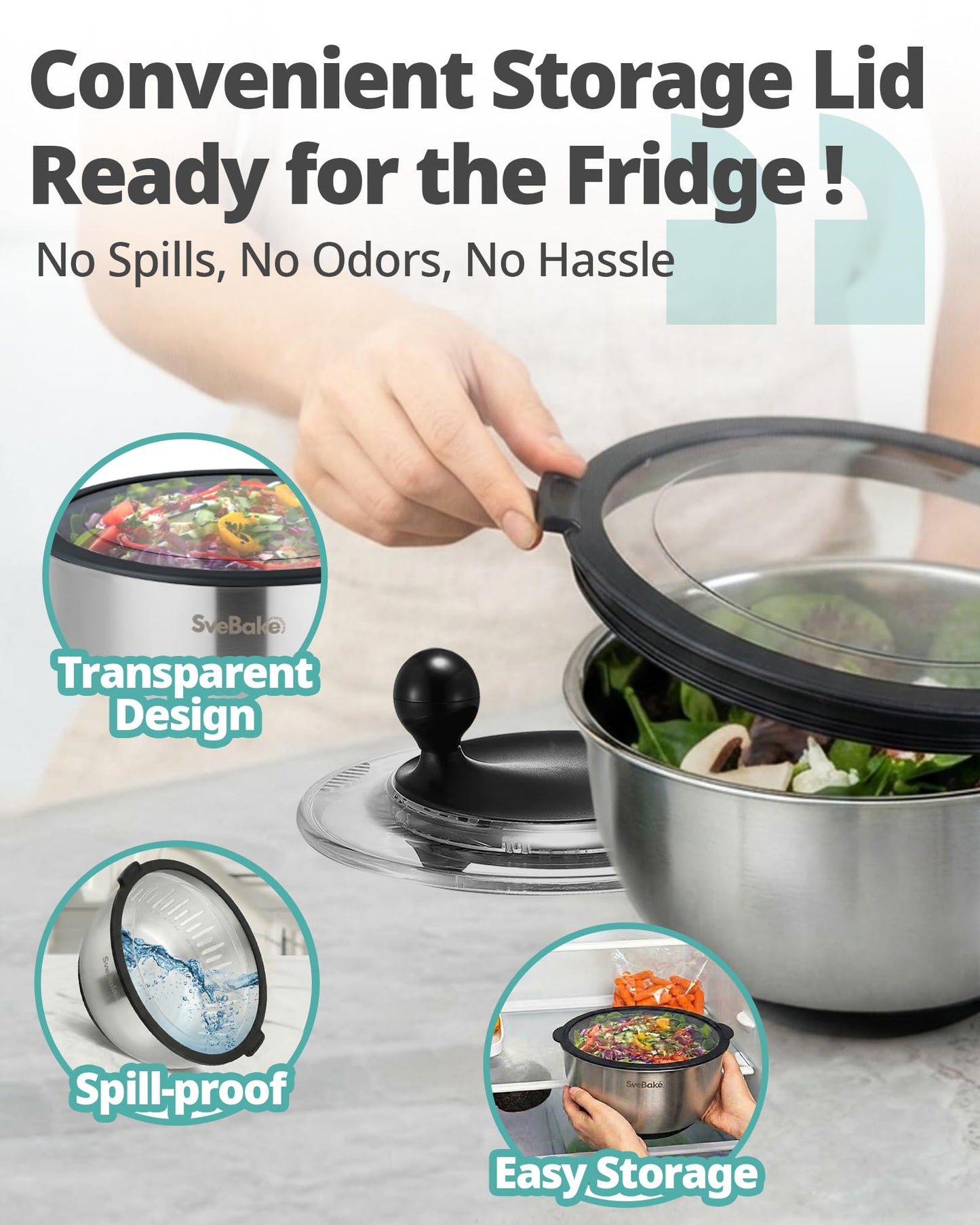 SveBake Stainless Steel Salad Spinner with Storage Lid, 5.3 Qt, BPA-Free, 4-in-1 Multi-Functional Lettuce Spinner, Fruit & Vegetable Washer, Easy Clean, Stop Button, Non-Slip Base