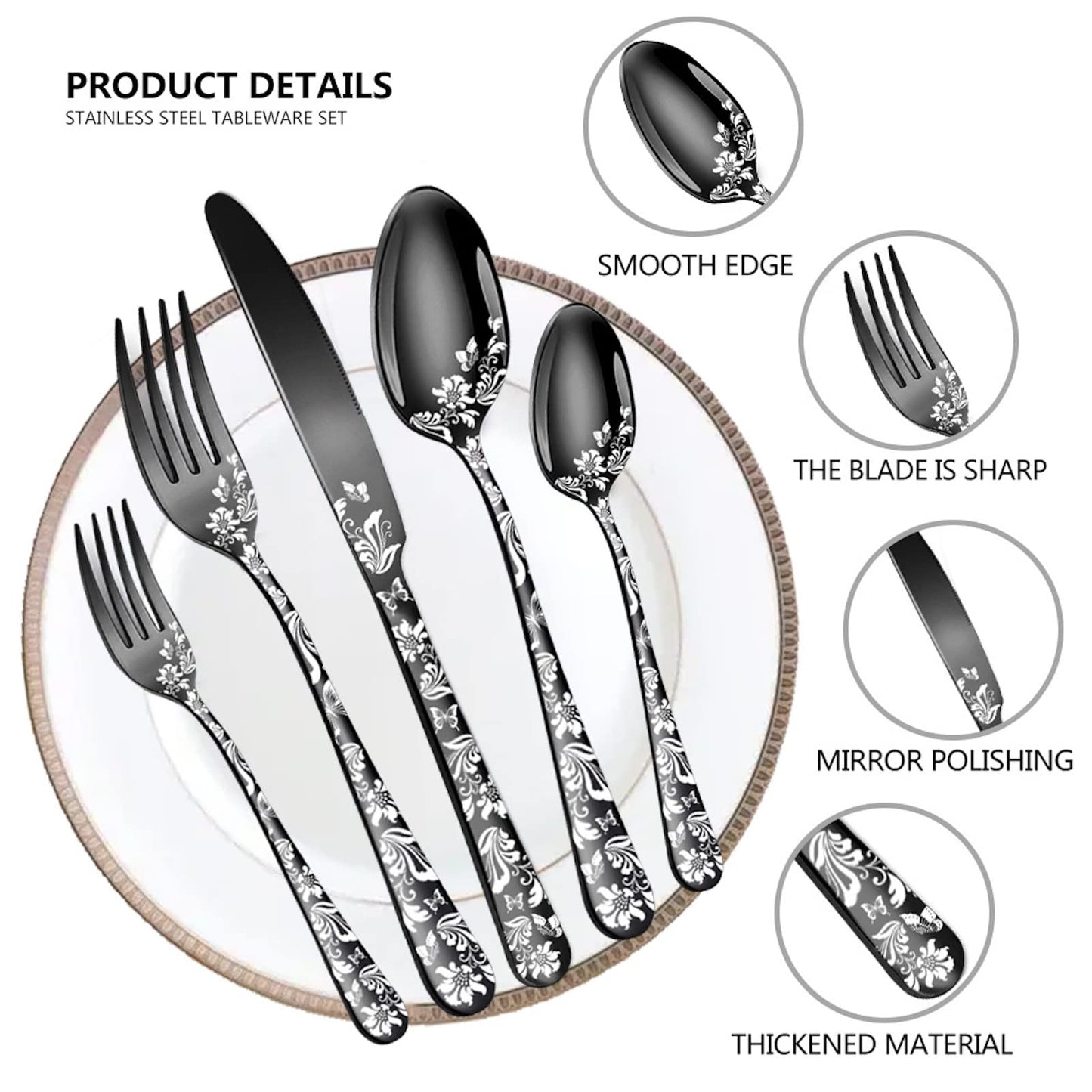 Vilihkc 20 piece Unique Pattern Design Silverware Set, Stainless Steel Flatware Set Service for 4, black Cutlery Set, Mirror Polished Utensil Set for Kitchen, Dishwasher Safe