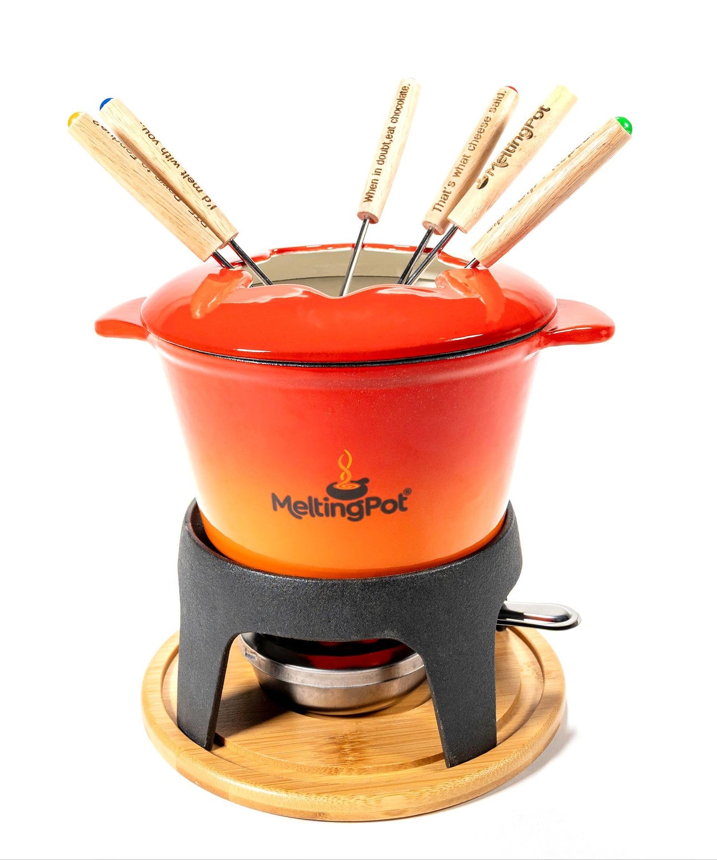 The Melting Pot Cast Iron Ombre Fondue Set – 1.6L Fondue Pot with Burner, Forks & Wood Base for Meat, Cheese & Chocolate Dipping