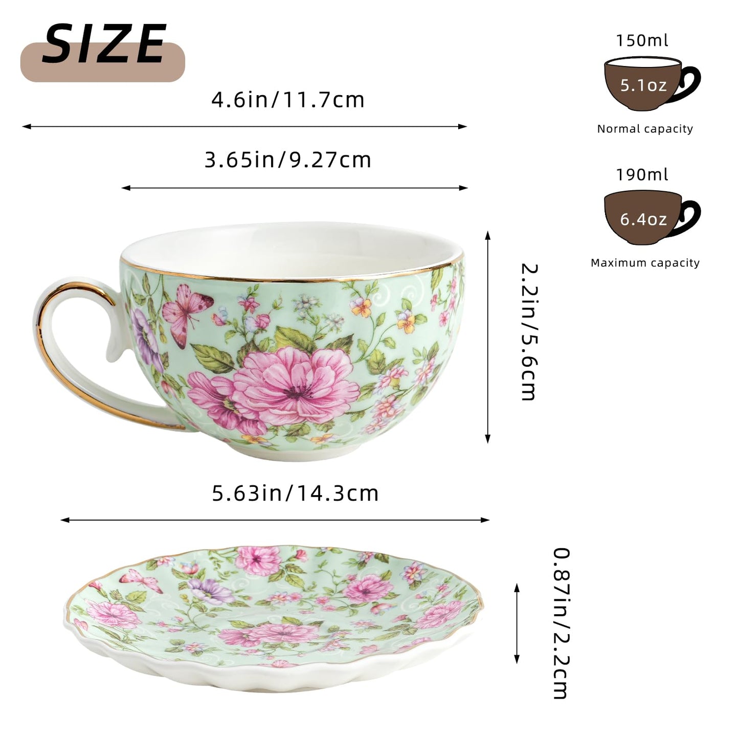 Agyiuns Tea Cup and Saucers, 6.4oz Floral Tea Cups with Gold Trim, Porcelain Teacup, Coffee Cappuccino Espresso Latte Mugs for Party Birthday,Party Cafe Home, Christmas Gift (Green)