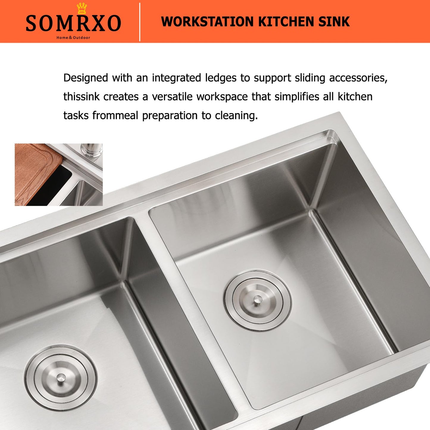SOMRXO 32 Inch Double Bowl Kitchen Sink Undermount - 32x19 Undermount Workstation Sink 16 Gauge Stainless Steel 10 Inch Deep Double Bowl Kitchen Sinks
