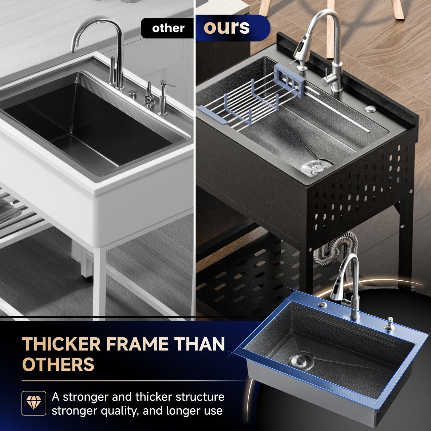 24 Inch Stainless Steel Utility Sink, Freestanding Commercial Sink with Pull-out Faucet,Heavy Duty Single Bowl Laundry Sinks for Garage,Kitchen,Outdoor, 24.21"L x 18.66"W x 35.04"H,Black