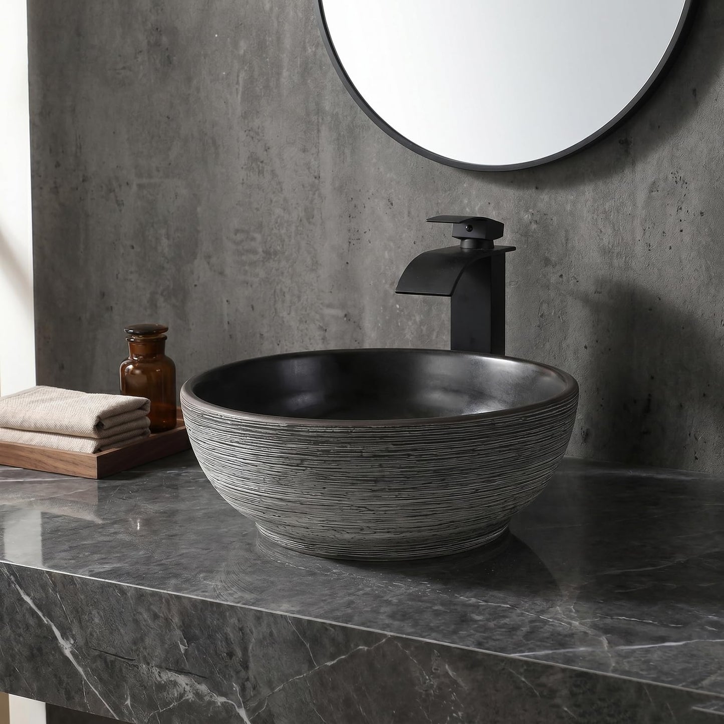 Zoyueyu 14 Inch Black Round Bathroom Vessel Sink with Waterfall Faucet and Pop-Up Drain Combo,Ceramic Vessel Sink Above Counter Round Bathroom Sink Bowl,Small Sink for Bathroom
