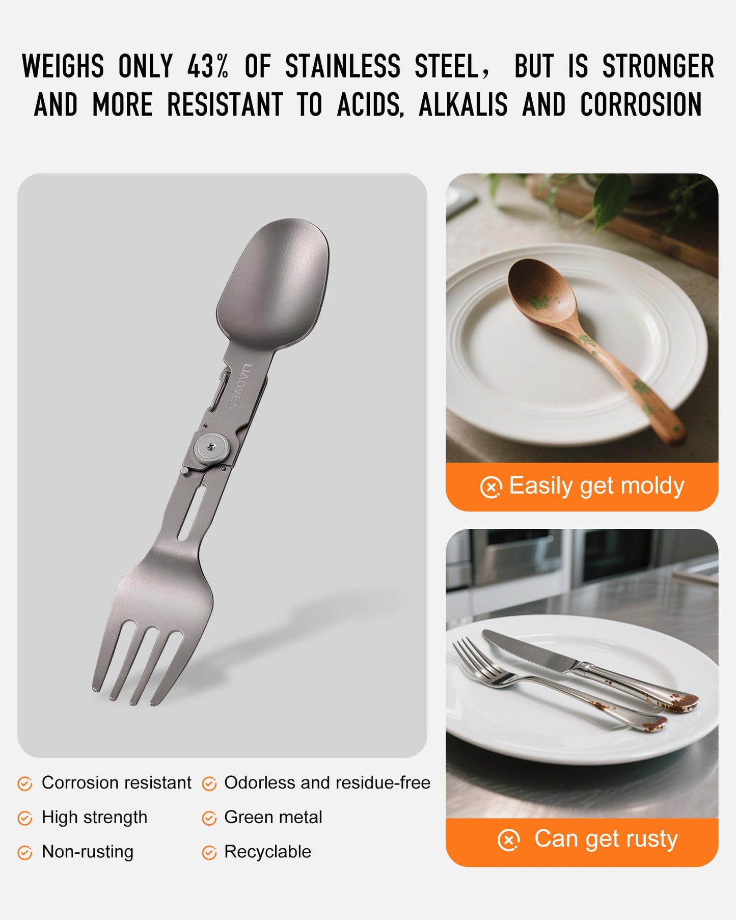 LIAOVEN Titanium Spork 3 in 1 Folding Camping Fork and Spoon, Ultralight Camping Utensil with Locking Function, Eco-Friendly Portable Flatware Sporks for Travel Backpacking Hiking Picnic Work