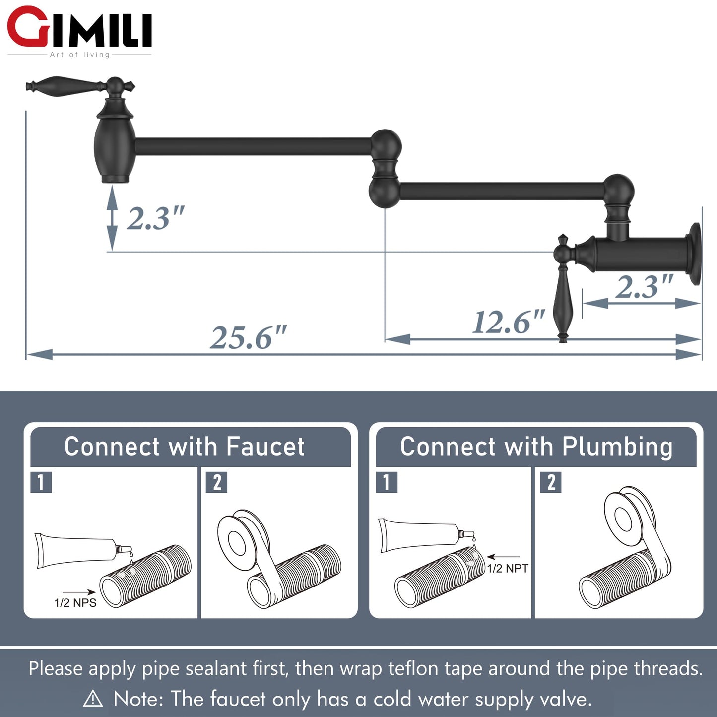 GIMILI Matte Black Pot Filler Faucet Wall Mount Kitchen Faucets Over Stove Faucet Folding Faucet with Double Joint Swing Arms