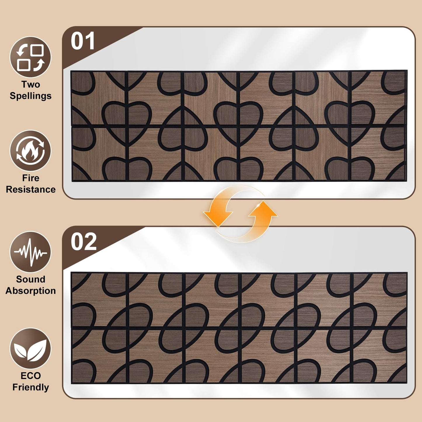 TREKATL AUTO Acoustic Wood Slat Panels, 3D Fluted Wood Panel Sound Absorbing Panel for Bedroom, Office, Interior Decor, 12Pack 11.8"x11.8" (11.6ft²) Soundproof Panels, Bean & Heart Black Oak