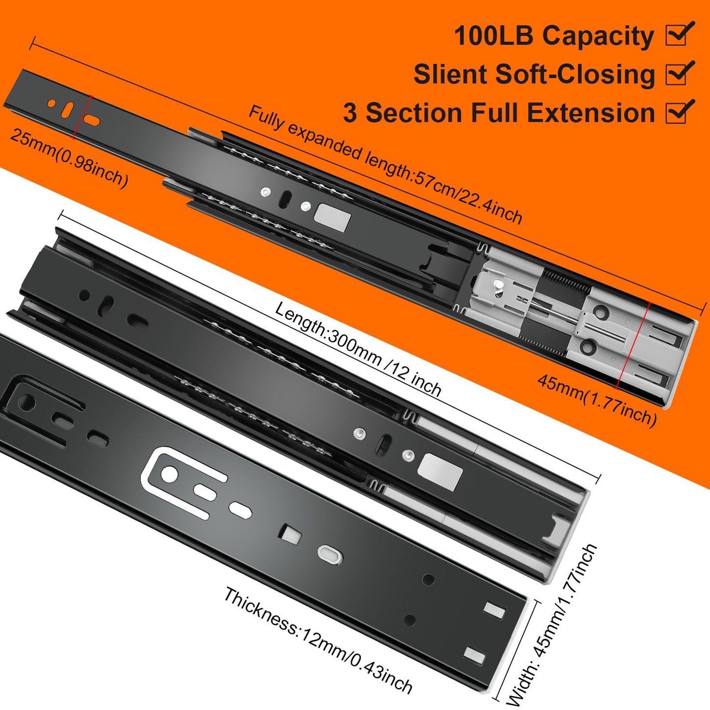 12 inch Drawer Slides 6 Pairs (12pcs) Soft Close 3 fold Full Extension Side Mount Cabinet Drawer Glides 12" Black Cabinet Rails for Dresser, Cabinet, Kitchen 100 LB Capacity