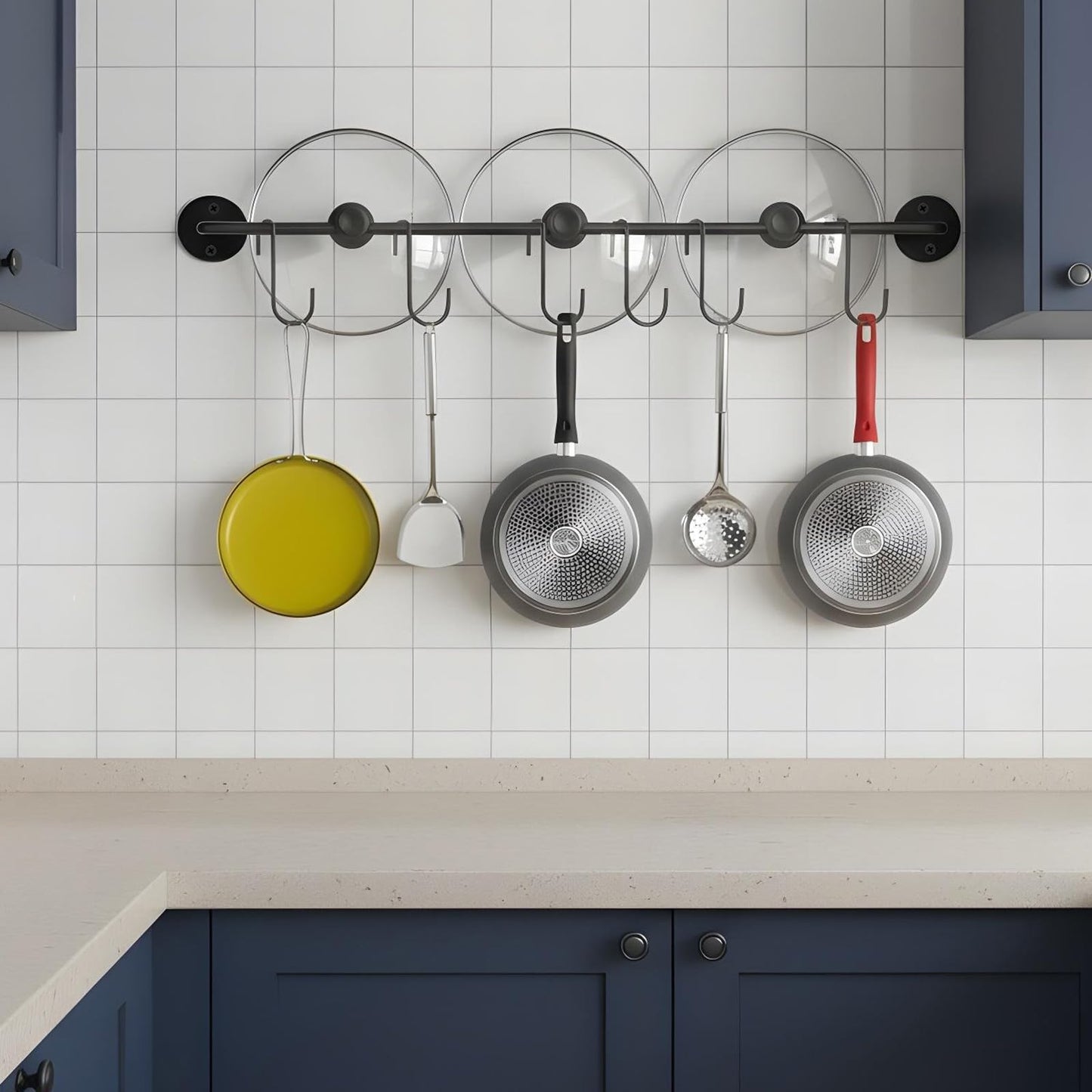 Tolare 4 Pcs Black Iron Kitchen Utensil Rack Wall Mounted Organizer with 20 Hooks, Heavy Duty Kitchen Rail with Hooks for Pots Pans Lids Storage, Space Saving Wall Hanger Holder for Organization