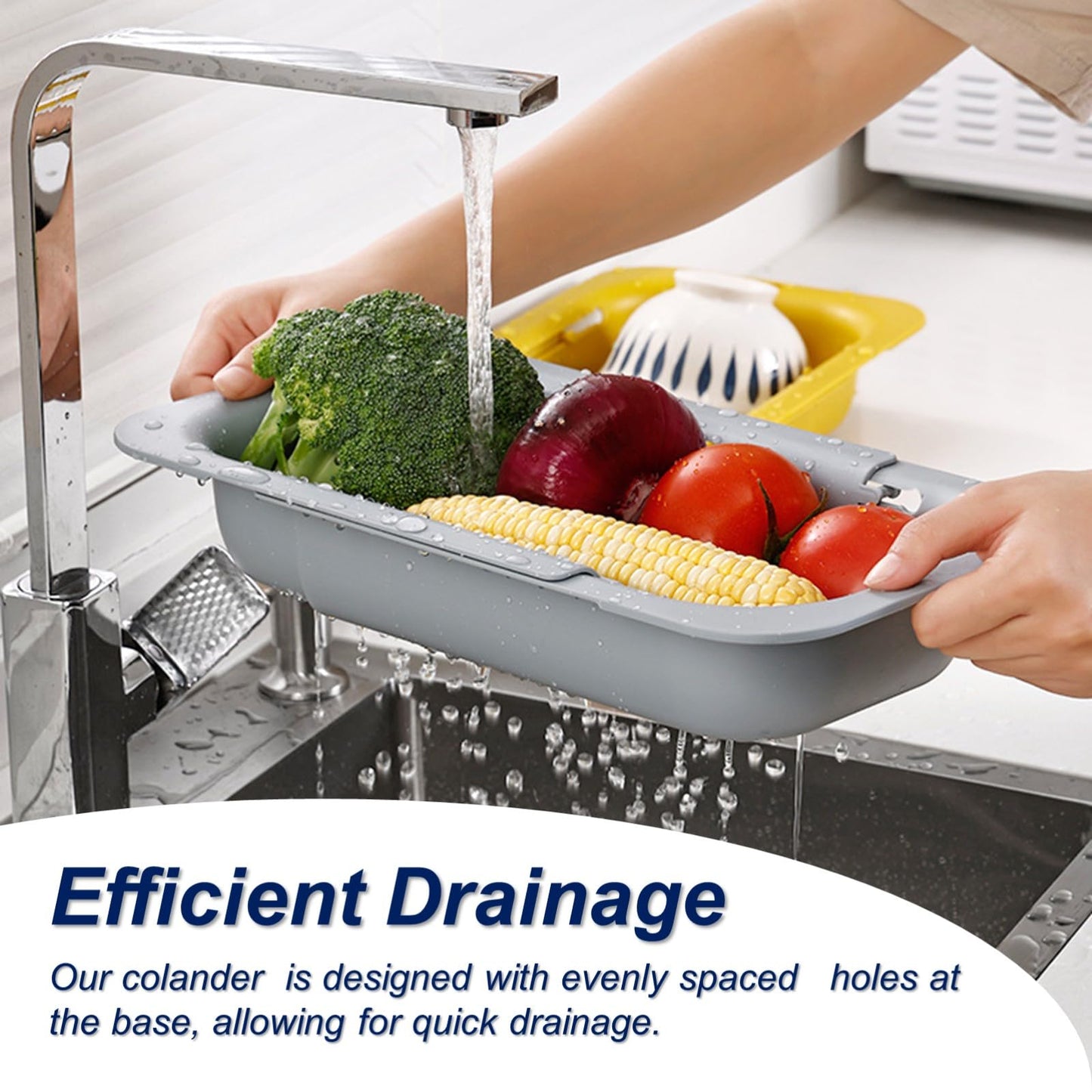 YUNKWONG Extendable Sink Colander Strainer Basket - Wash Vegetables and Fruits, Drain Cooked Pasta and Dry Dishes - Adjustable Over the Sink Colander Collapsible Drainer Basket -Gray