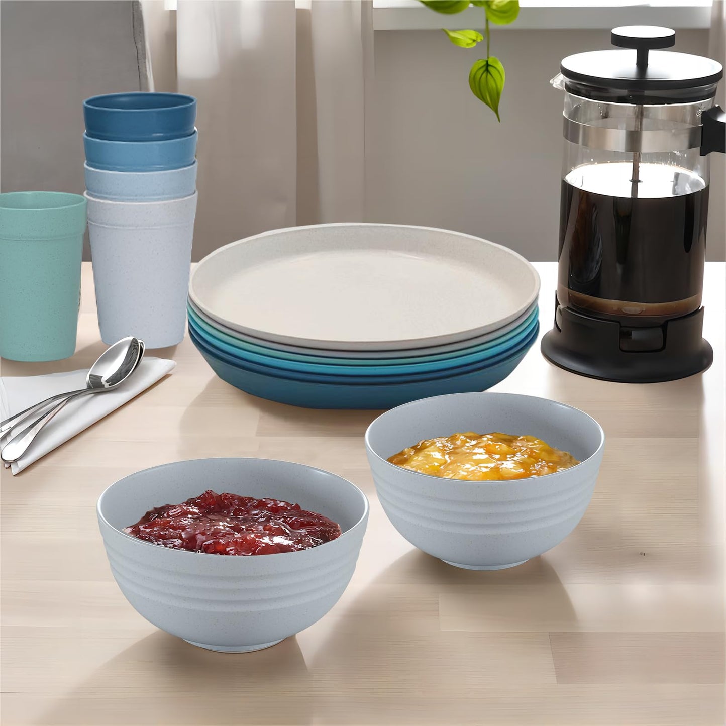 10 Inch Plastic Dinner Plates Set of 8, Wheat Straw Plates Reusable & Unbreakable, Non-Toxic Microwave Safe Plates for Camping, Daily Use, BPA-Free Dishwasher Safe Plate Set