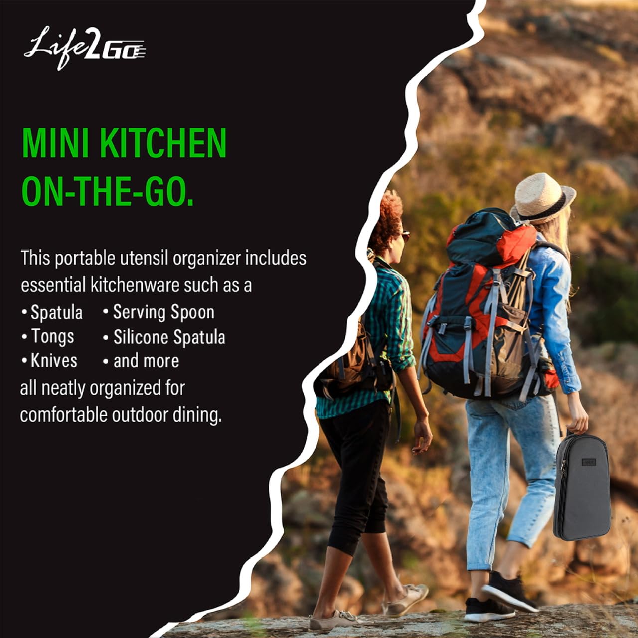 Life2Go 12 Piece Stainless Steel Camping Cooking Utensils Set, Portable Outdoor Kitchen Kit with Chef Knife, Tongs, Spatula, Scissors, Camp Cooking Gear with Carry Case for Hiking, BBQ & Travel, Gray