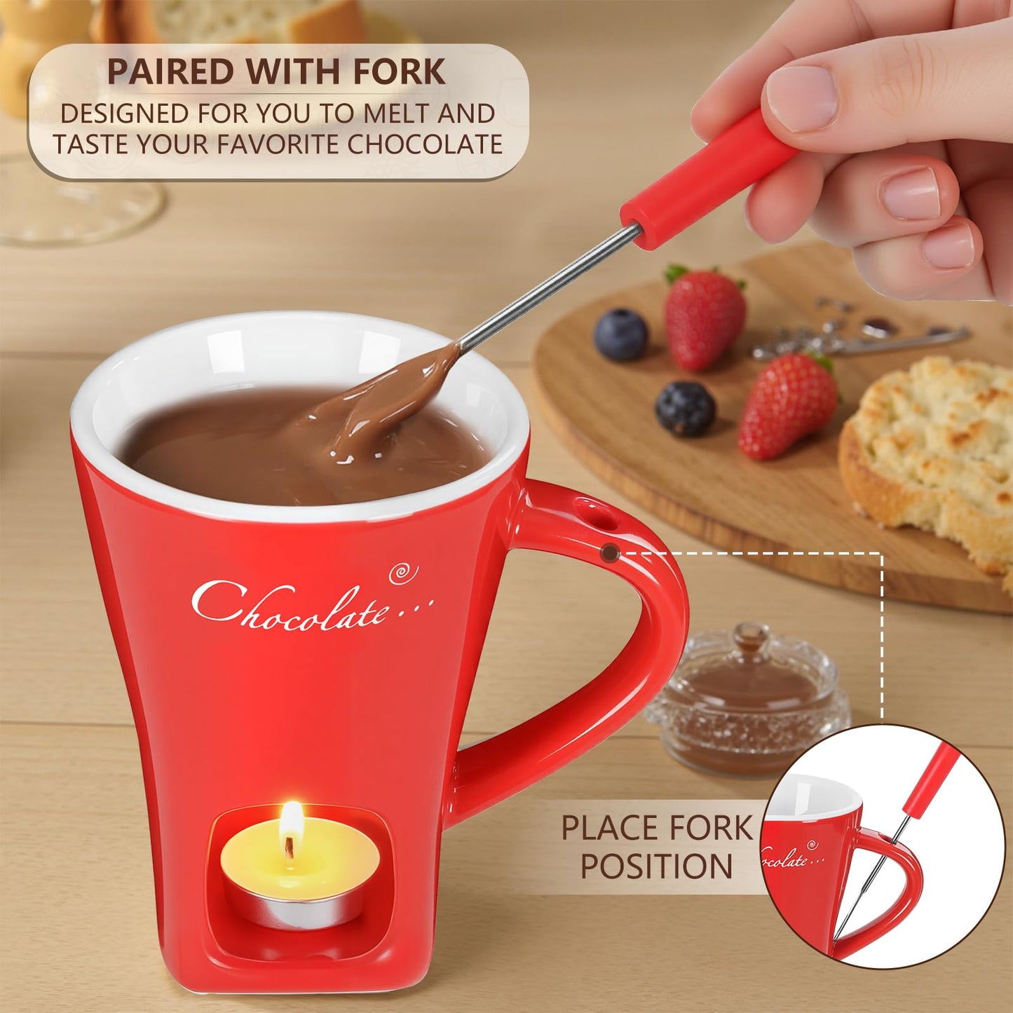 Fondue Pot Cup Set, Chocolate Melting Fondue Mugs 2 Pack with 4 Forks & 8 Tealights, Mini Red Ceramic Fondue Set for Cheese, Marshmallows, Sweet Fondue Cup for Date Night Party Wedding or Holiday Gift
