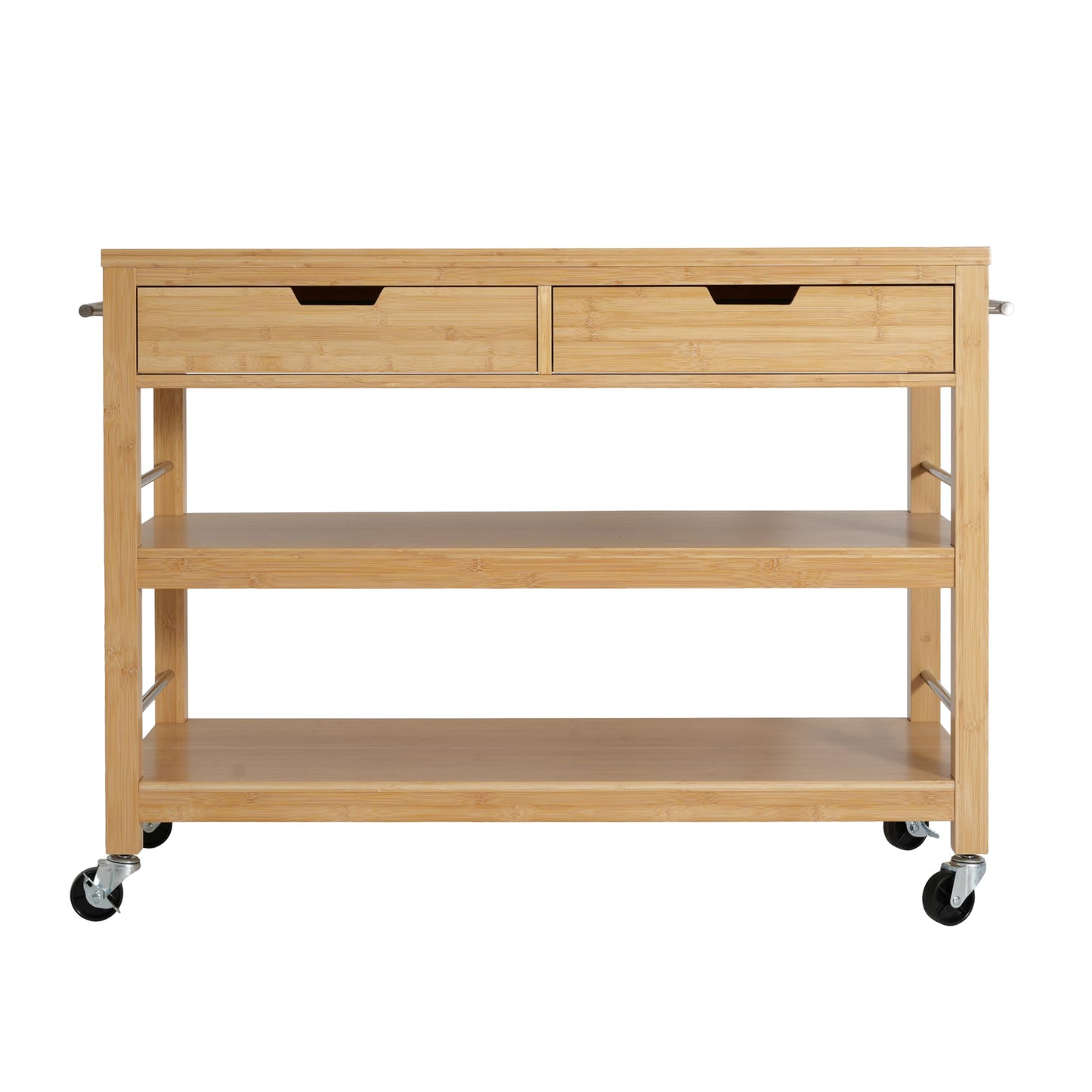 Merax Indoor Multifunctional Natural Bamboo Bar Cart with Locking Wheels, Drawers, and Open Shelves - Ideal for Kitchen, Dining, and Entertaining