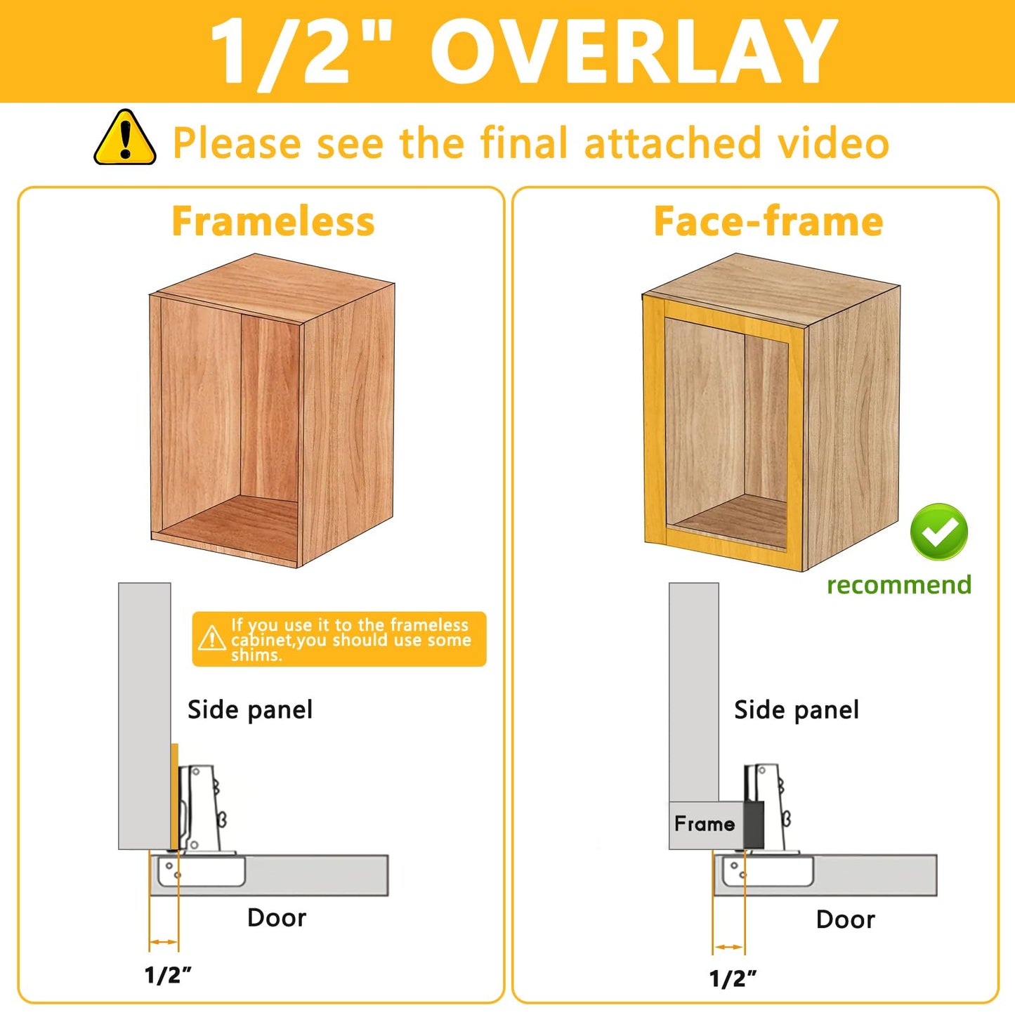 20 Pack Soft Close Cabinet Door Hinges for 1/2" Partial Overlay, 105 Degree Opening Angel, Stainless Concealed Kitchen Cabinet Hinges with Mounting Screws, Manual and Door Bumpers