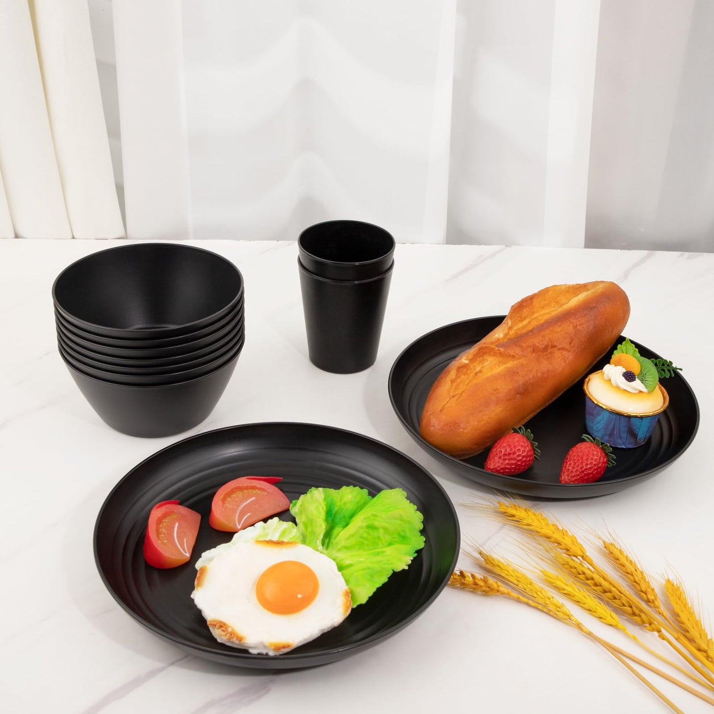 LIYH 48 Pcs Black Wheat Straw Plates and Bowls Dinnerware Set for 12, Camping Dish Set, Dishwasher Safe, Unbreakable Plastic Camper Dishes