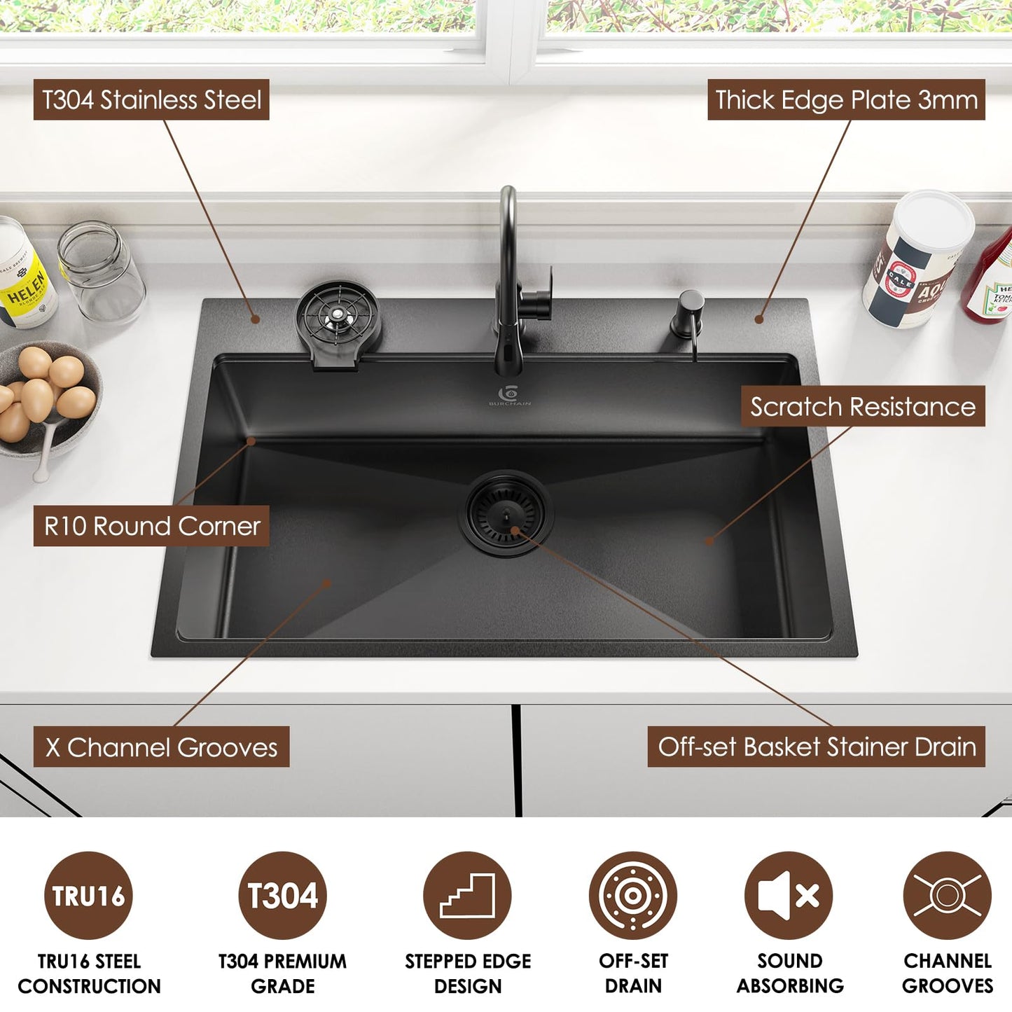 BURCHAIN 33x22 Inch Kitchen Sink Black Drop In Stainless Steel Kitchen Sinks 16 Gauge Single Bowl Workstation Luxury Top Mount Sink with 6 Accessories Include Glass Rinser (Black)