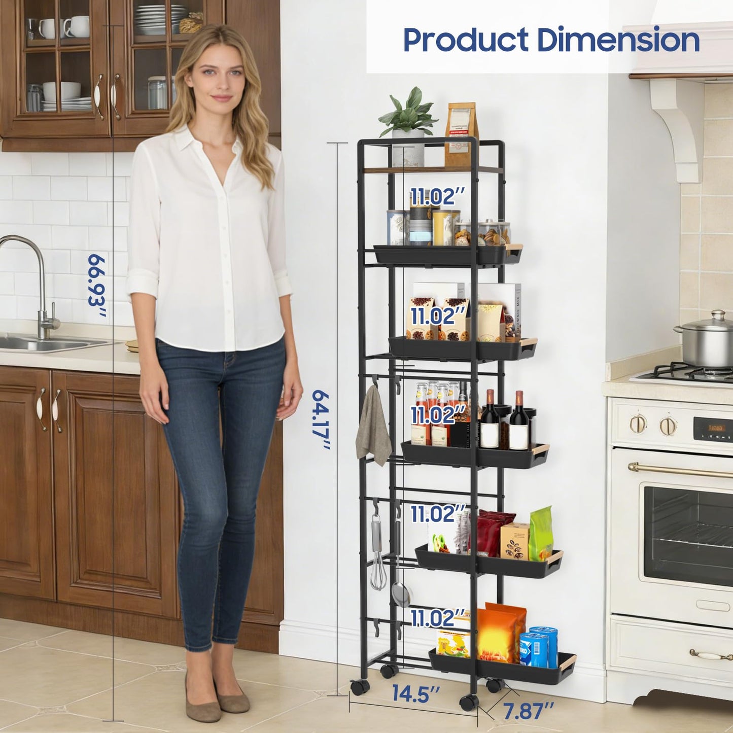 MAYBOSS 6 Tier Slim Storage Cart with Pull-Out Baskets Rolling Cart with Wheels Wood Top Narrow Utility Cart Metal Shelving Units for Pantry Laundry Room Bathroom Kitchen Black 8in(W)